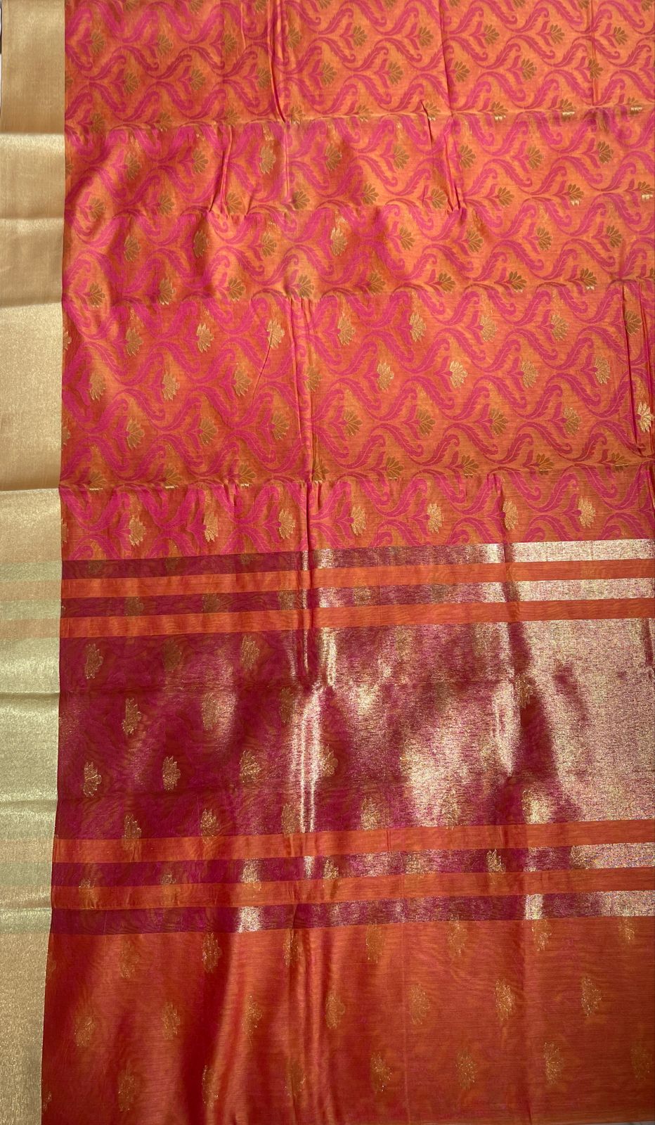 Faishana Presents Orange Masrise Tissue Alfi Resham Jaal Golden Zari Booti with Multicolour Golden Self Border and Orange Bouse