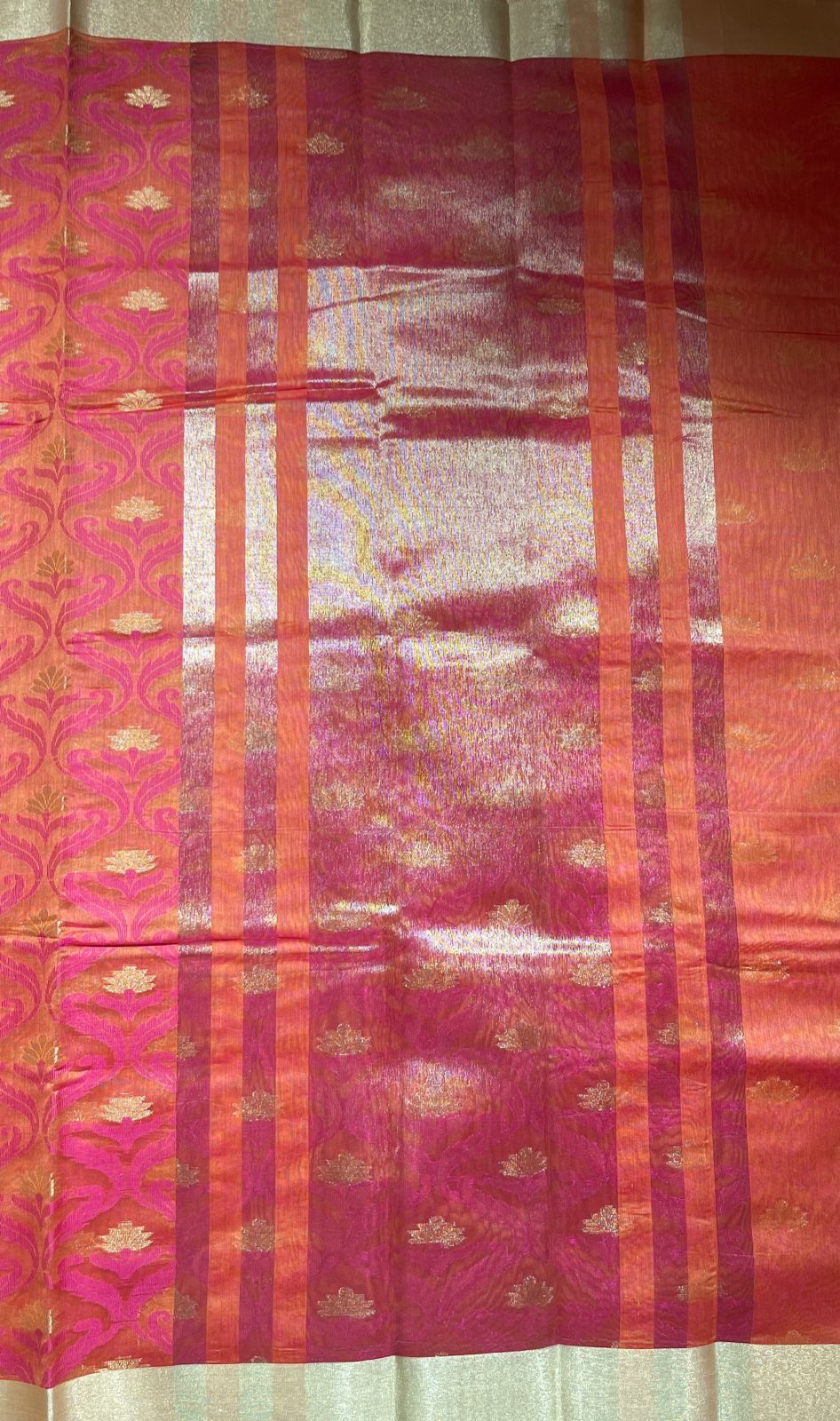 Faishana Presents Orange Masrise Tissue Alfi Resham Jaal Golden Zari Booti with Multicolour Golden Self Border and Orange Bouse