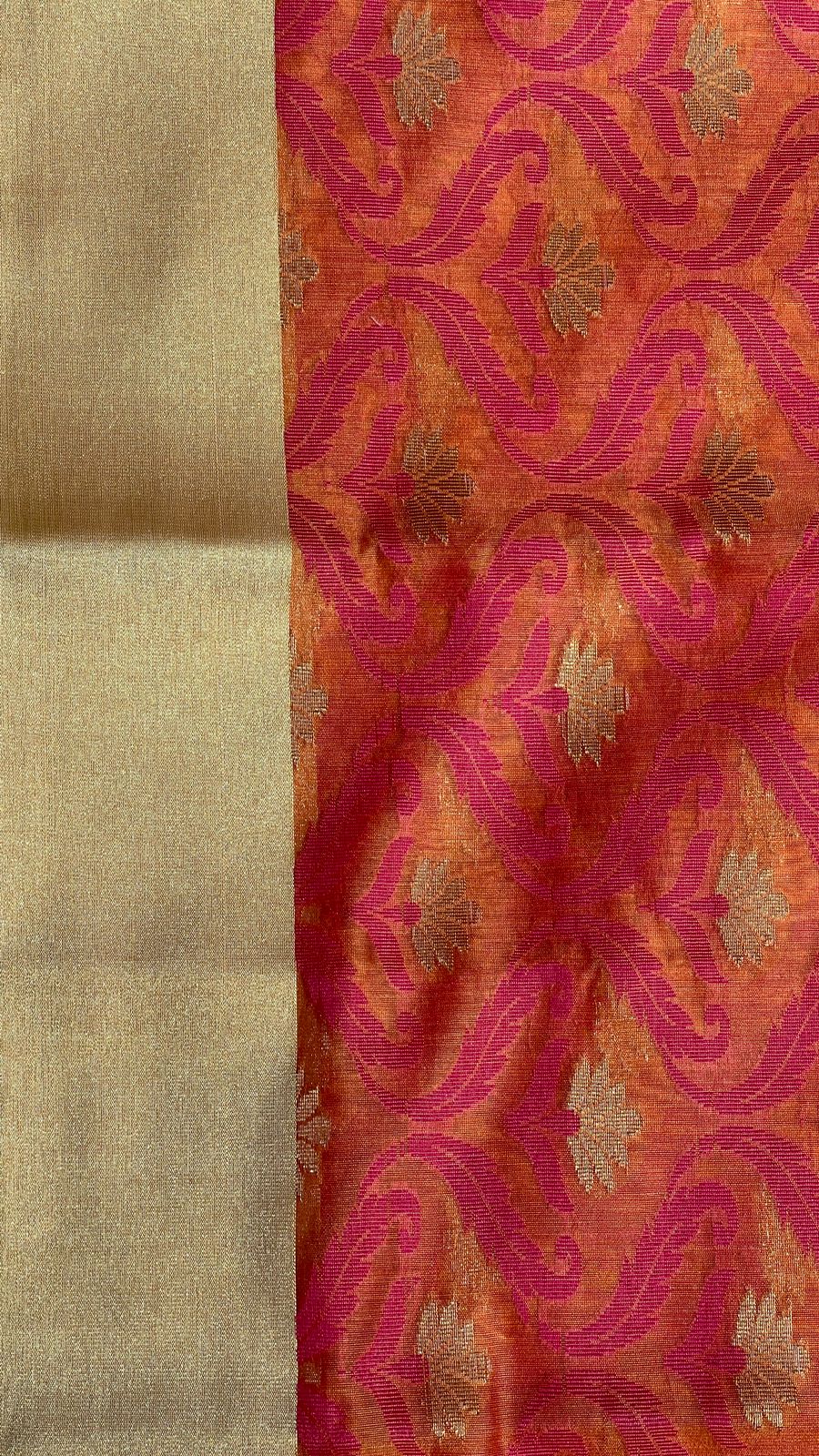 Faishana Presents Orange Masrise Tissue Alfi Resham Jaal Golden Zari Booti with Multicolour Golden Self Border and Orange Bouse
