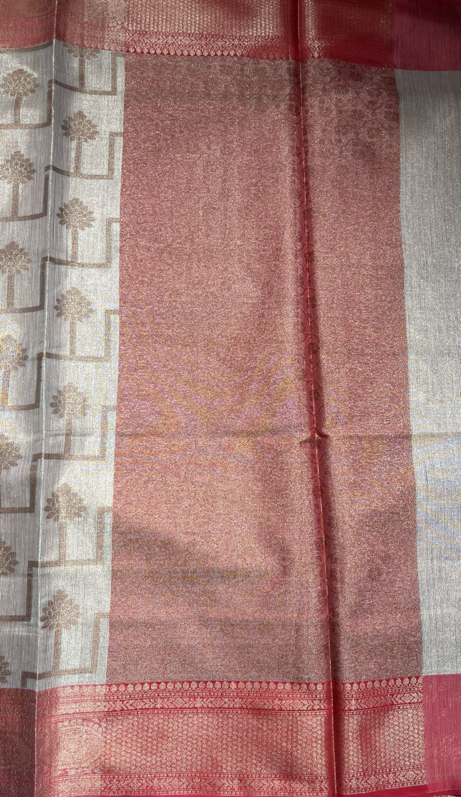 Faishana Presents Handwoven Beige Baswada Tissue Floral Resham Stripe with Contrast Red Zari Border and Red Blouse Banarasi saree