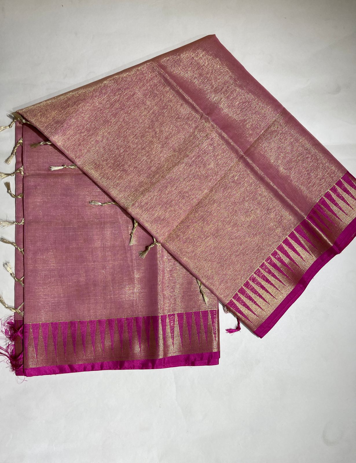 Faishana Presents Peach Kora Tissue Plain and Magenta Gold Zari Border with Stripe Magenta Blouse Banarasi Saree