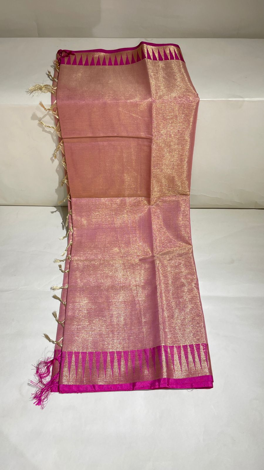 Faishana Presents Peach Kora Tissue Plain and Magenta Gold Zari Border with Stripe Magenta Blouse Banarasi Saree