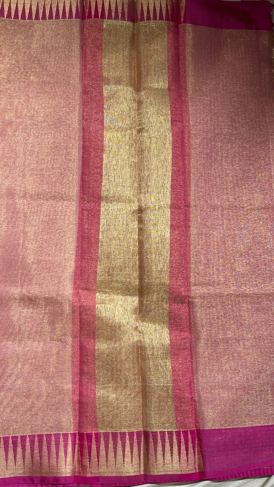 Faishana Presents Peach Kora Tissue Plain and Magenta Gold Zari Border with Stripe Magenta Blouse Banarasi Saree
