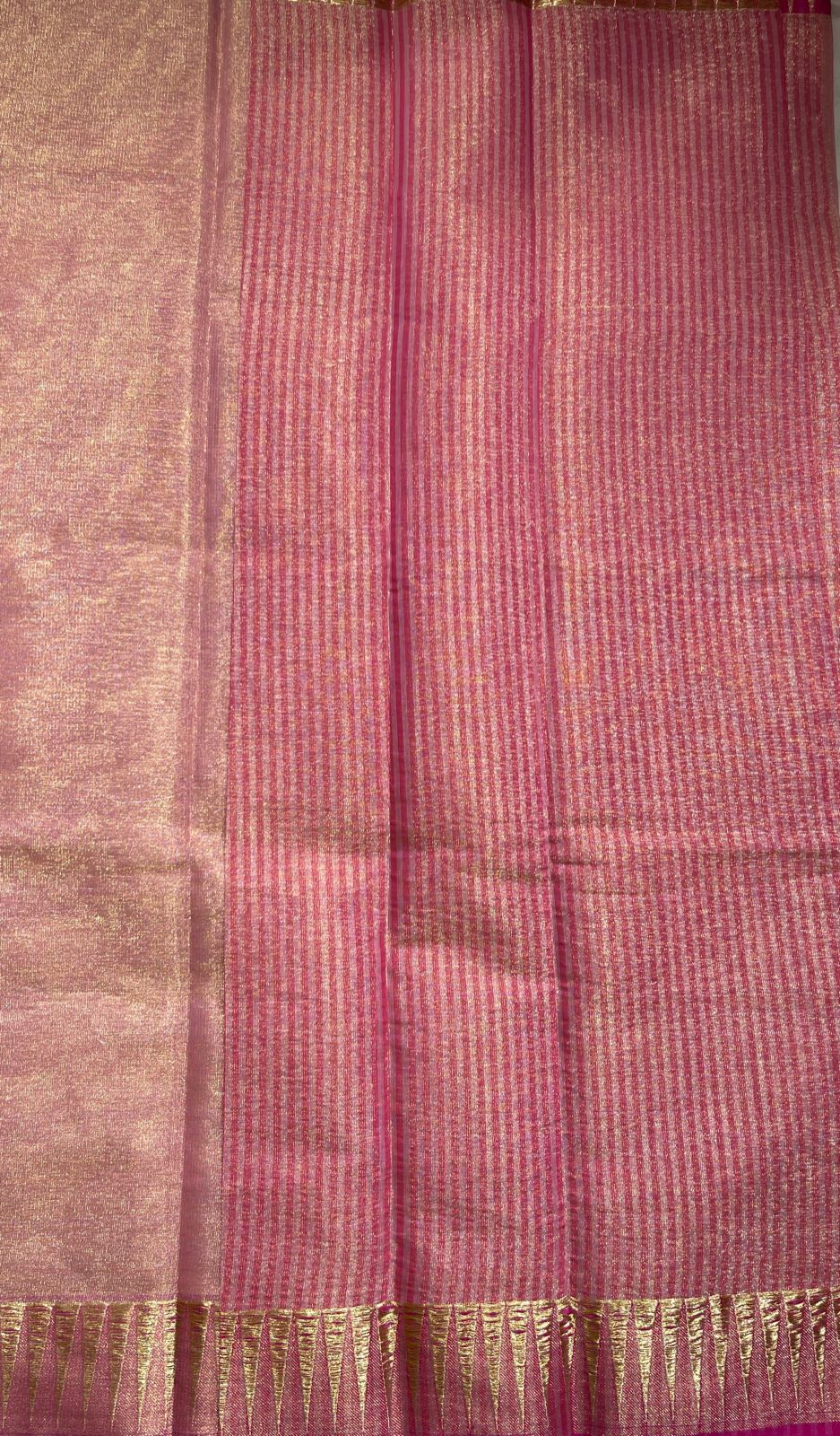 Faishana Presents Peach Kora Tissue Plain and Magenta Gold Zari Border with Stripe Magenta Blouse Banarasi Saree