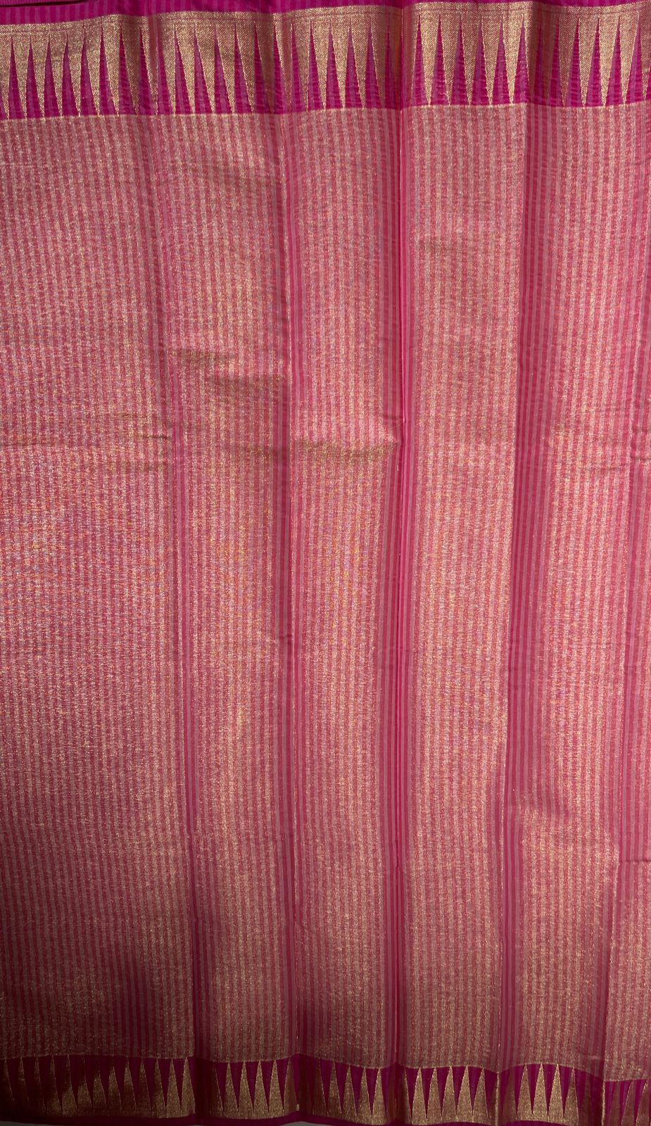 Faishana Presents Peach Kora Tissue Plain and Magenta Gold Zari Border with Stripe Magenta Blouse Banarasi Saree