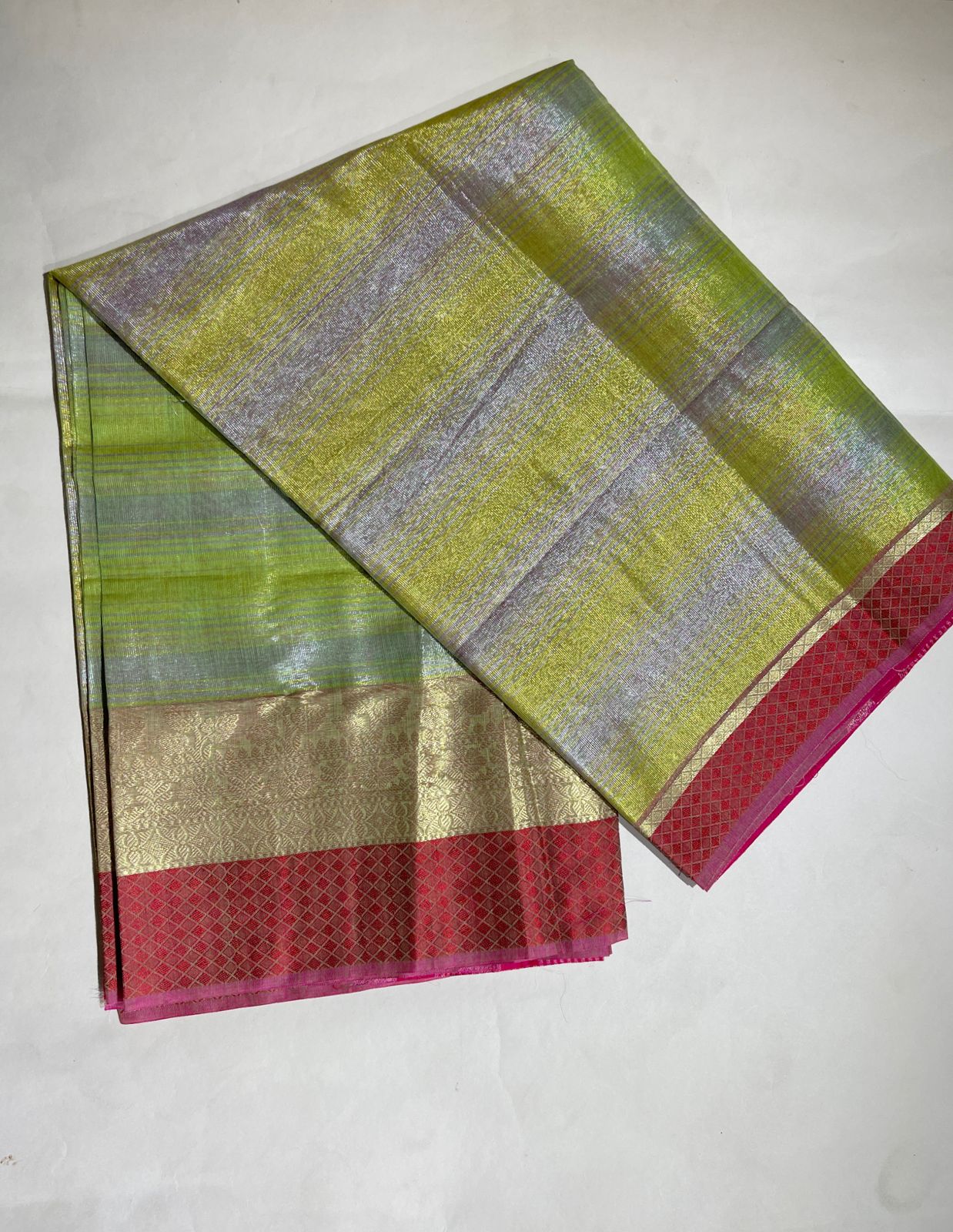 Faishana Presents Grey and Yellow Stripe Tissue Banarasi and Skirt 2d Floral Copper & Resham Zari Border with Multicolour Border Anchal and Red Stripe Blouse