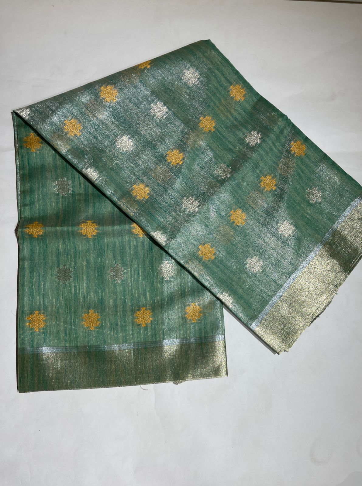 Faishana Presents Sea Green Tissue Silk Gold and Silver Resham Zari Booti with Stripe Light Gold Zari Pallu and Border with Stripe Blouse