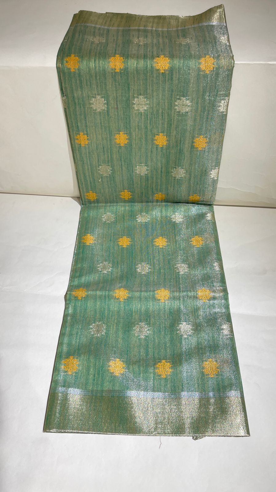 Faishana Presents Sea Green Tissue Silk Gold and Silver Resham Zari Booti with Stripe Light Gold Zari Pallu and Border with Stripe Blouse