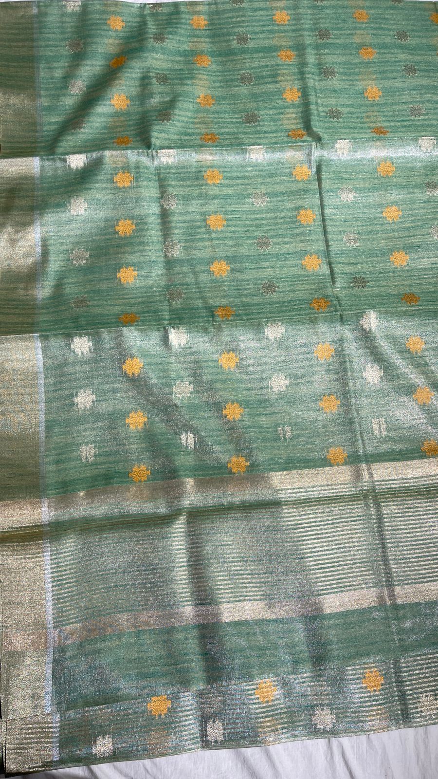 Faishana Presents Sea Green Tissue Silk Gold and Silver Resham Zari Booti with Stripe Light Gold Zari Pallu and Border with Stripe Blouse