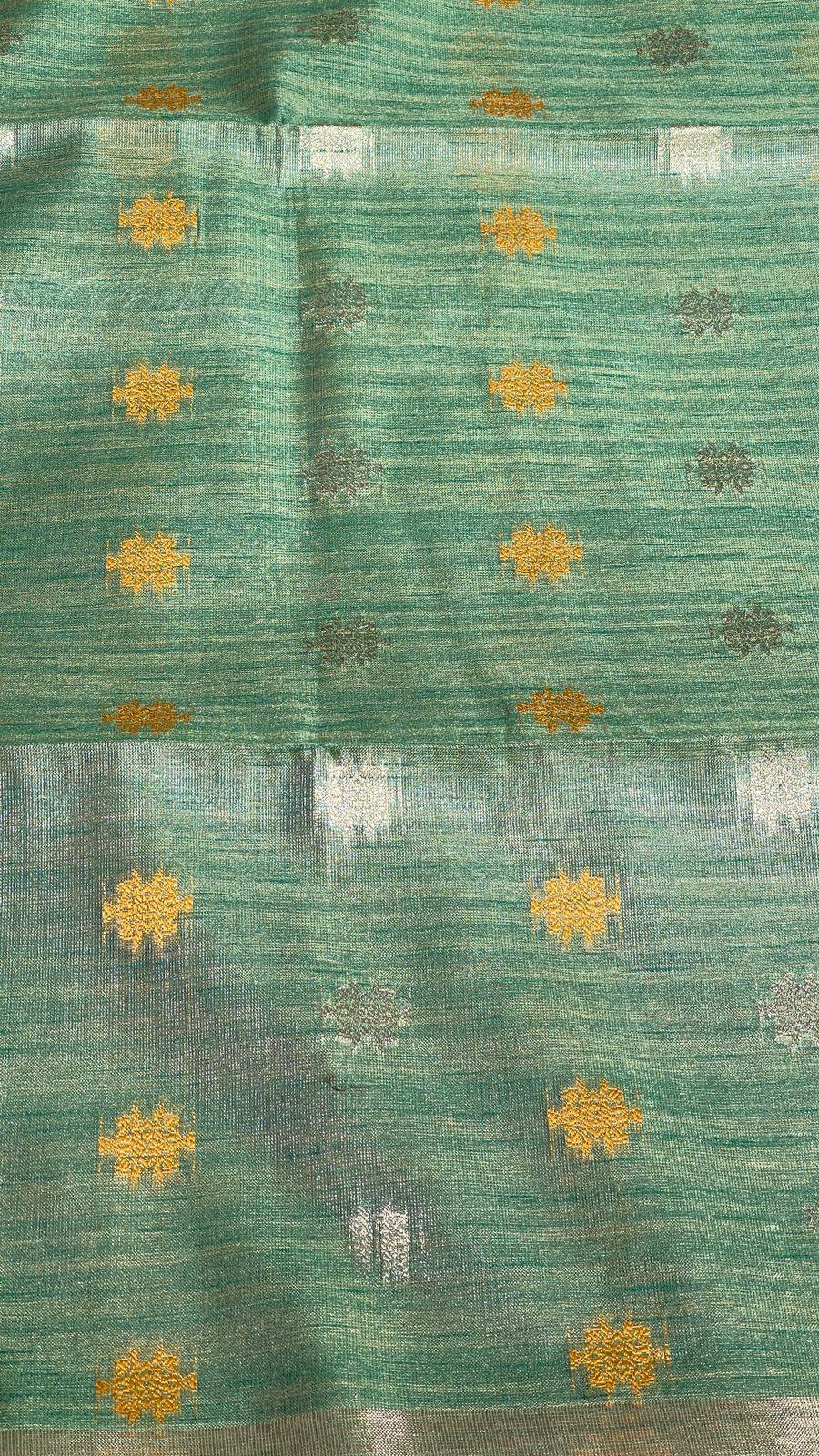 Faishana Presents Sea Green Tissue Silk Gold and Silver Resham Zari Booti with Stripe Light Gold Zari Pallu and Border with Stripe Blouse