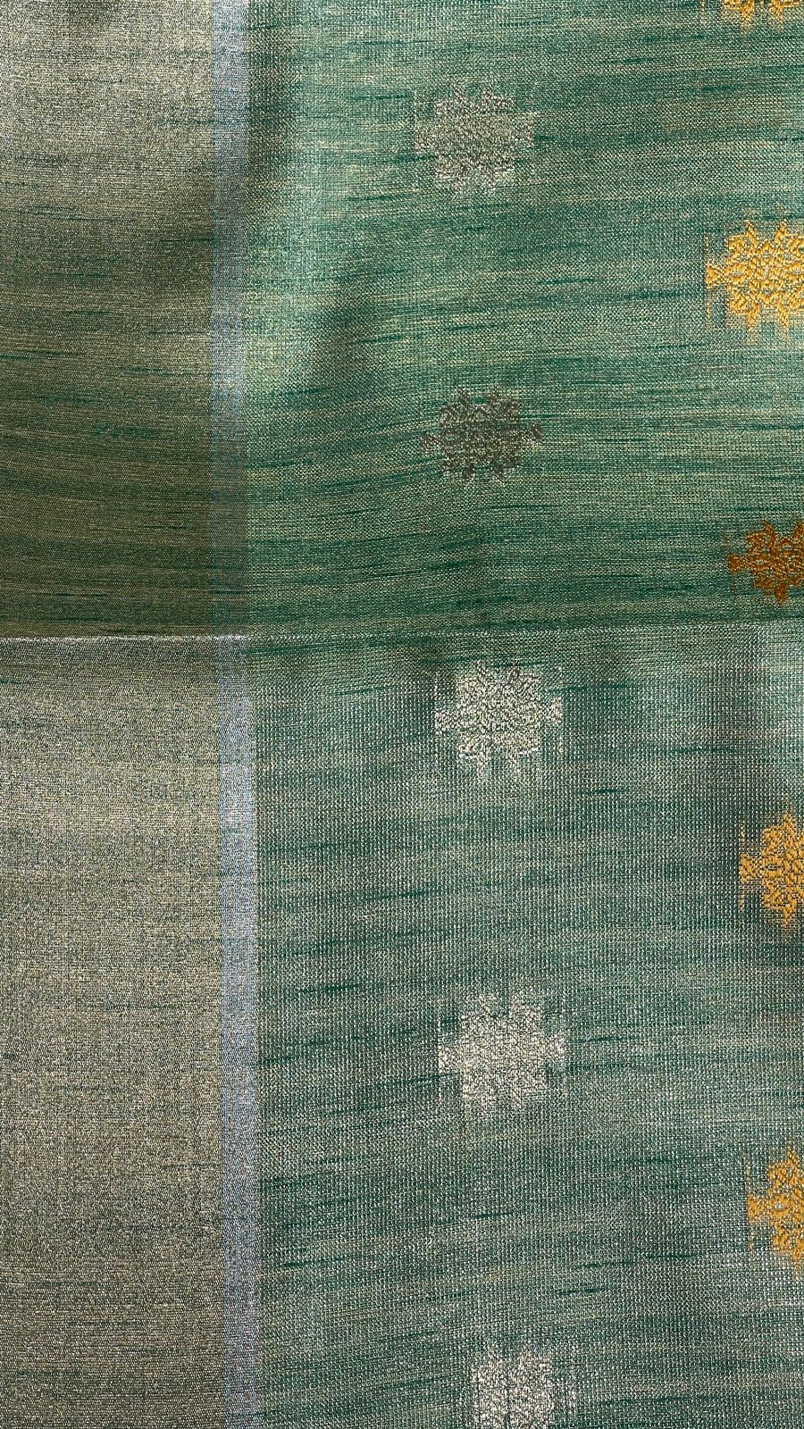 Faishana Presents Sea Green Tissue Silk Gold and Silver Resham Zari Booti with Stripe Light Gold Zari Pallu and Border with Stripe Blouse