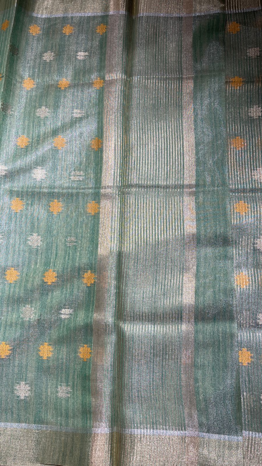Faishana Presents Sea Green Tissue Silk Gold and Silver Resham Zari Booti with Stripe Light Gold Zari Pallu and Border with Stripe Blouse