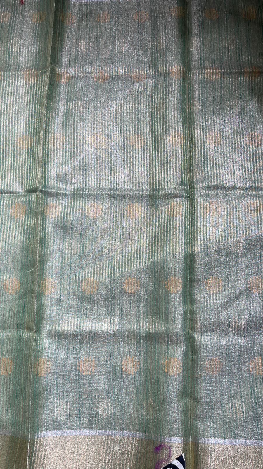 Faishana Presents Sea Green Tissue Silk Gold and Silver Resham Zari Booti with Stripe Light Gold Zari Pallu and Border with Stripe Blouse
