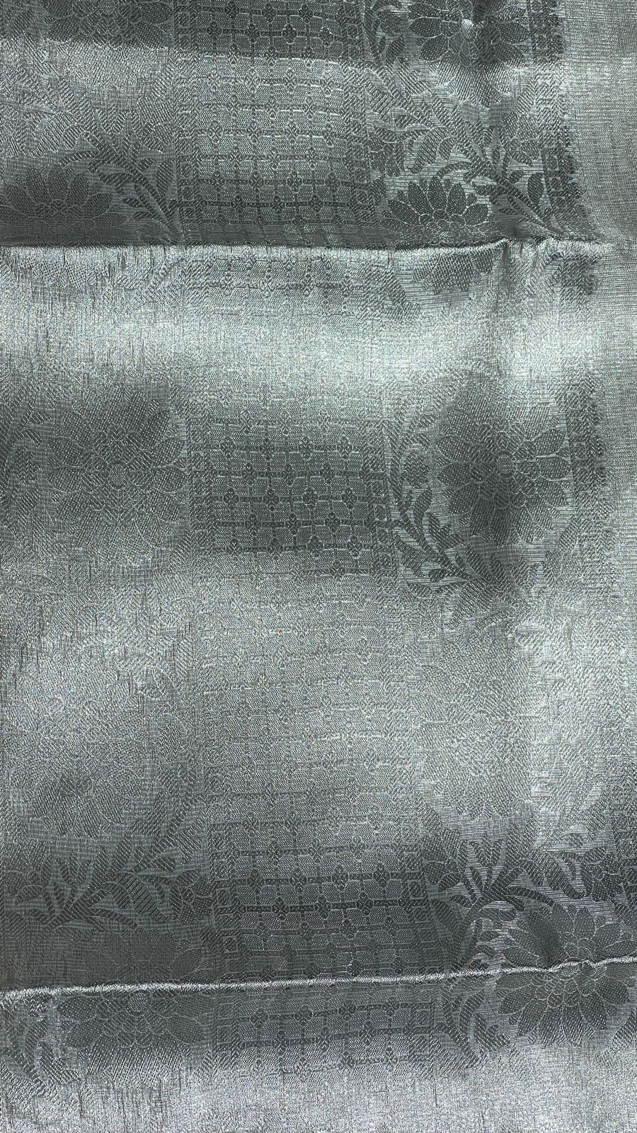 Faishana Presents Silver Supernet Banarasi Tissue Zari Stripe Skirt Floral Zari Border and Contrast Gold Pallu with Silver Blouse Banarasi Saree