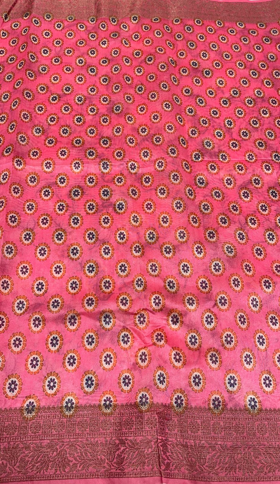 Faishana Presents Light Pink Warm Silk Floral Digital Print Copper Zari Border Banarasi Saree with Floral Print Booti Light Pink Blouse