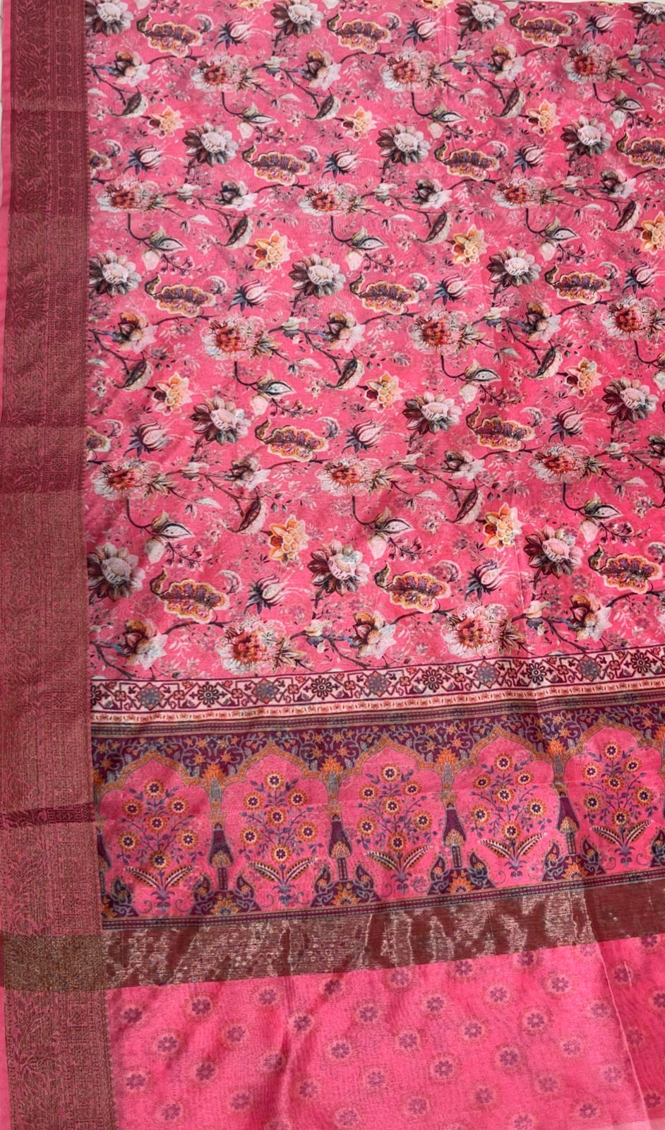 Faishana Presents Light Pink Warm Silk Floral Digital Print Copper Zari Border Banarasi Saree with Floral Print Booti Light Pink Blouse