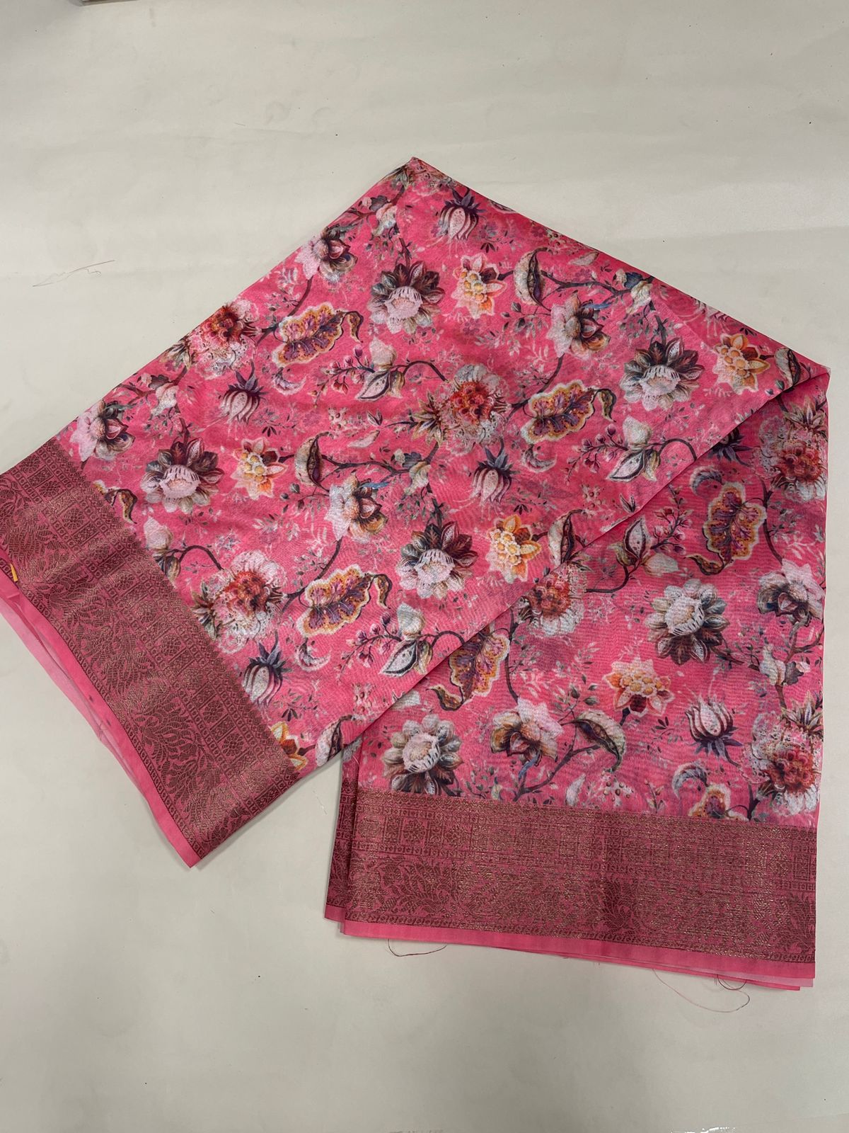 Faishana Presents Light Pink Warm Silk Floral Digital Print Copper Zari Border Banarasi Saree with Floral Print Booti Light Pink Blouse
