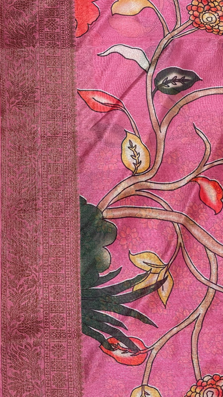 Faishana Presents Pink Warm Silk Floral Alfi Jaal Digital Print Copper Zari Border Banarasi Saree with Pink Chunri Booti Blouse