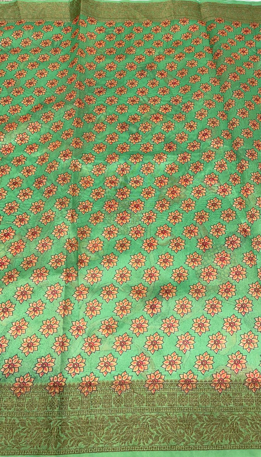 Faishana Presents Green Warm Silk Floral Alfi Jaal Digital Print Copper Zari Border Banarasi Saree with Green Chunri Booti Blouse