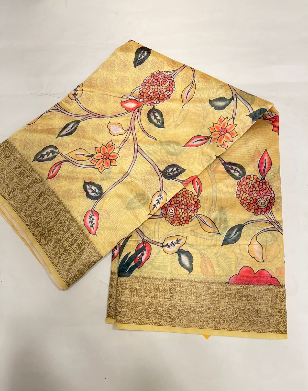 Faishana Presents Yellow Warm Silk Floral Alfi Jaal Digital Print Copper Zari Border Banarasi Saree with Yellow Chunri Booti Blouse