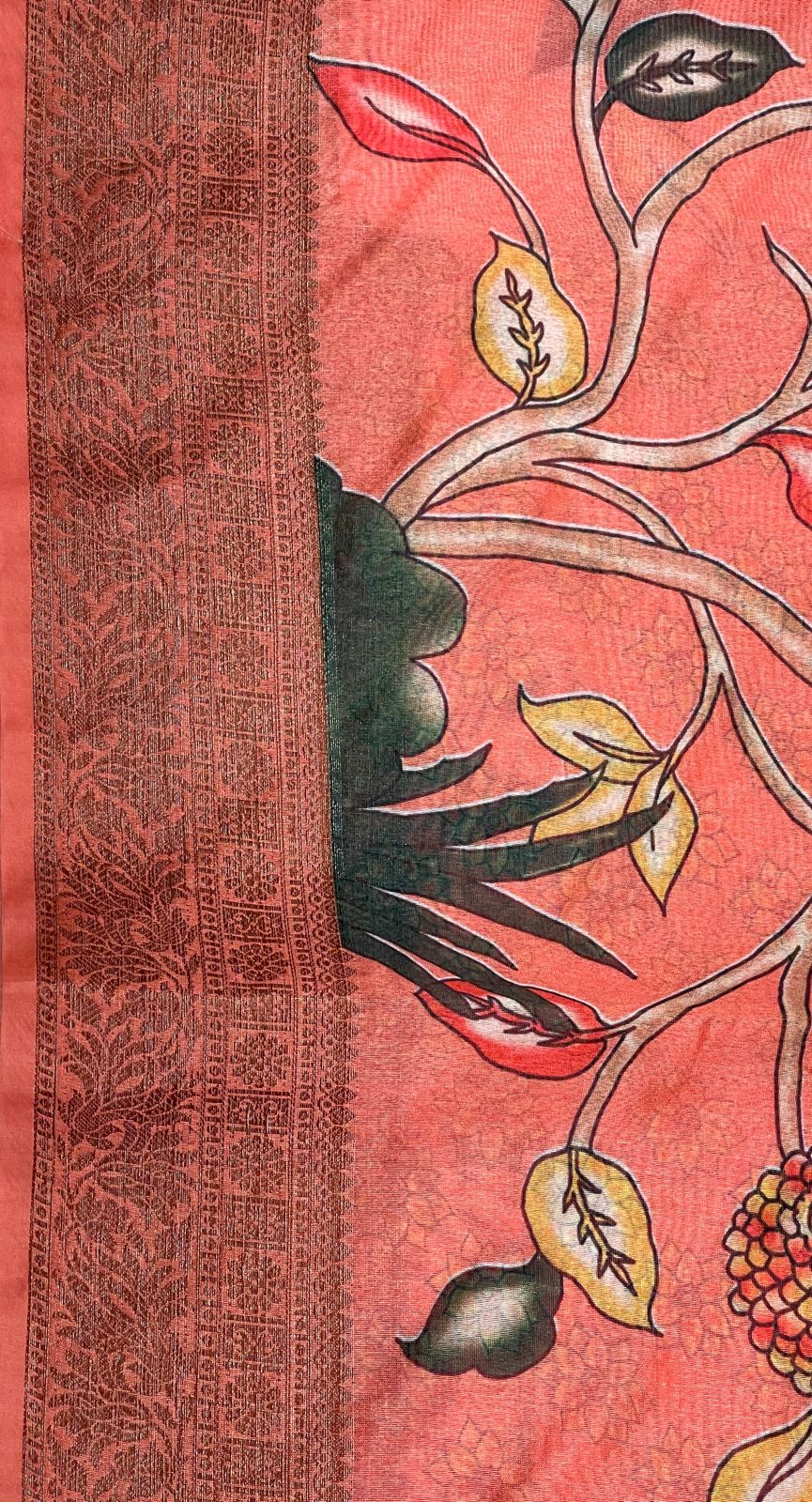 Faishana Presents Orange Warm Silk Floral Alfi Jaal Digital Print Copper Zari Border Banarasi Saree with Orange Chunri Booti Blouse