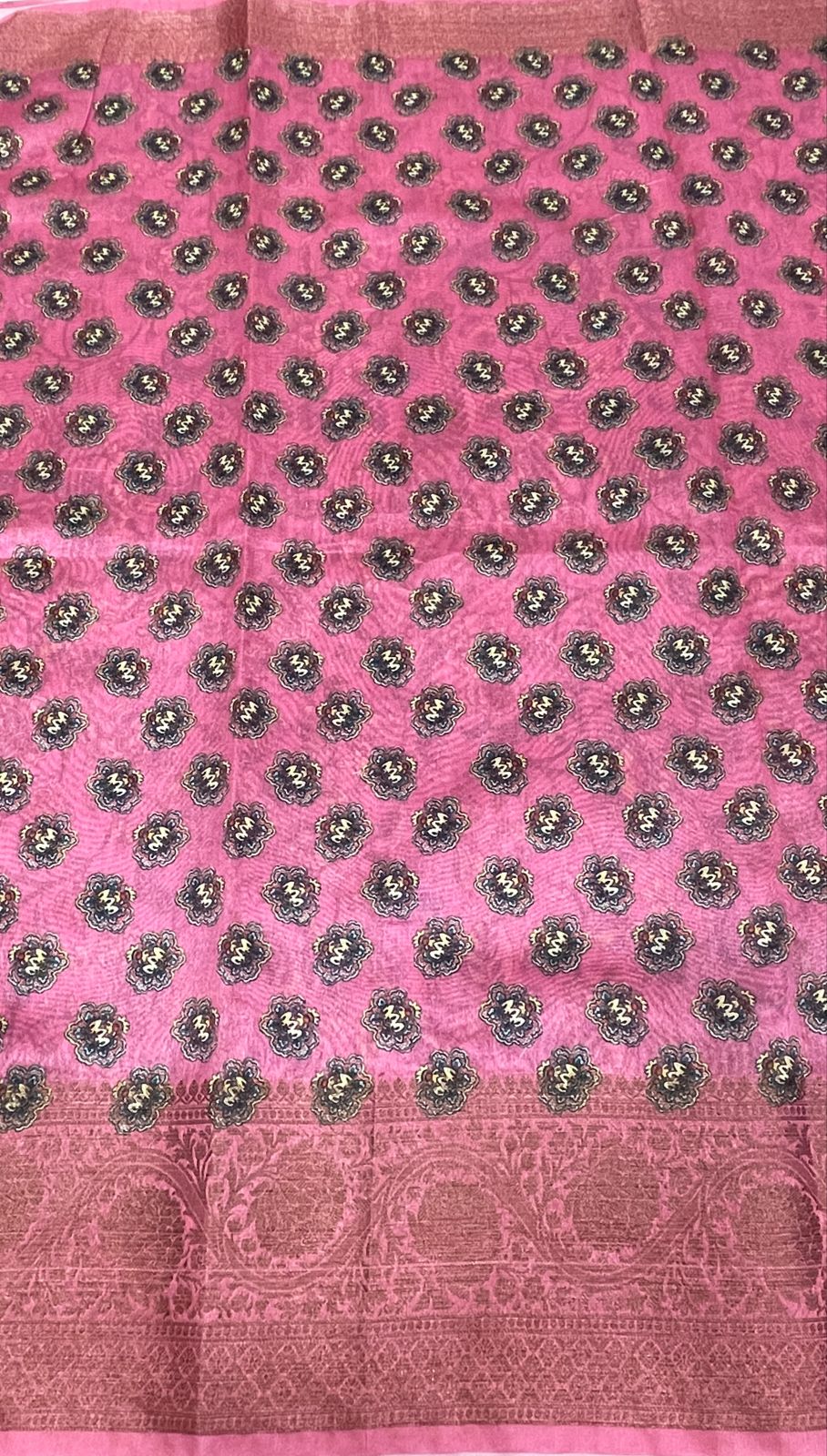 Faishana Presents Pink Warm Silk Floral Digital Print Tilfi Jaal Copper Zari Border Banarasi Saree with Floral Print Booti Pink Blouse