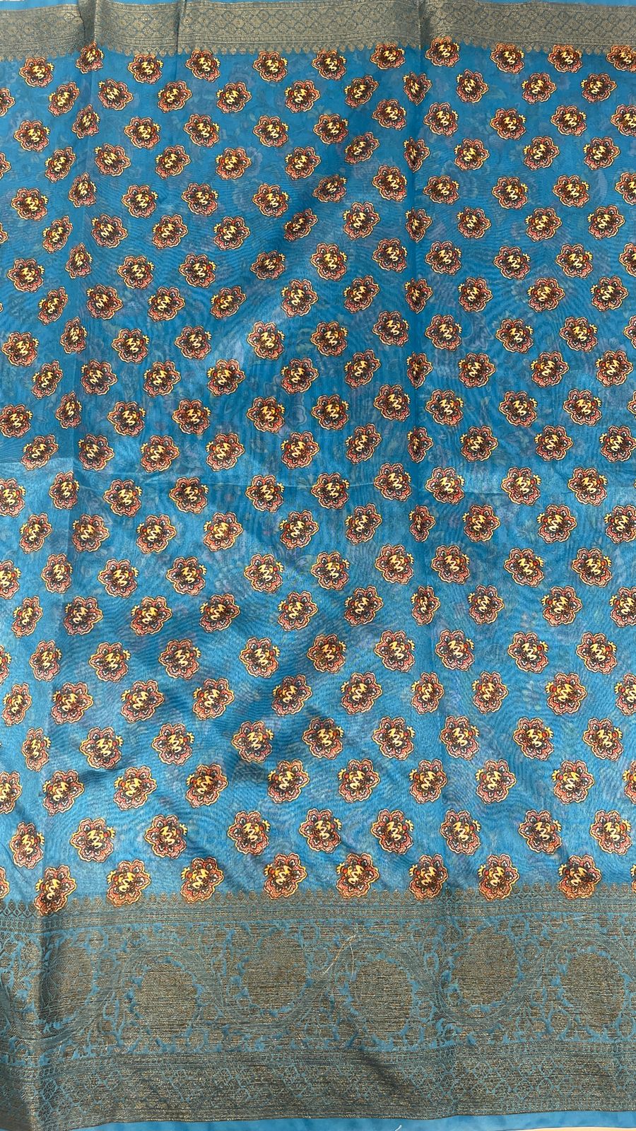 Faishana Presents Warm Silk Floral Digital Print Tilfi Jaal Copper Zari Border Banarasi Saree with Floral Print Booti SkyBlue Blouse