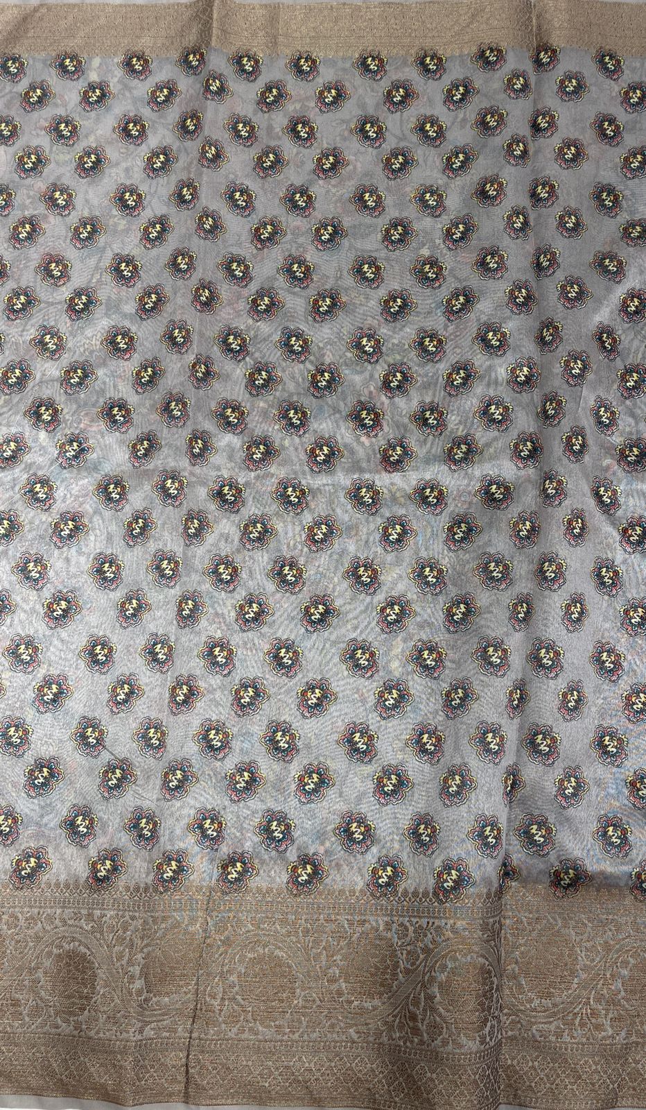 Faishana Presents Grey Warm Silk Floral Digital Print Tilfi Jaal Copper Zari Border Banarasi Saree with Floral Print Booti Grey Blouse