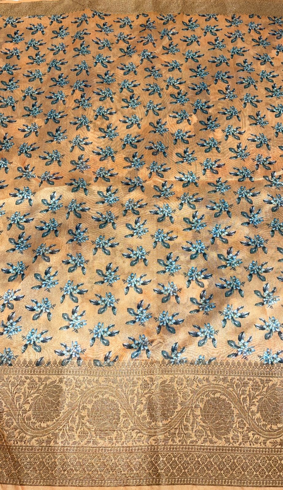 Faishana Presents Grey Warm Silk Digital Print Floral Jaal Copper Zari Skirt Border Banarasi Saree with Cream Floral Print Booti Blouse