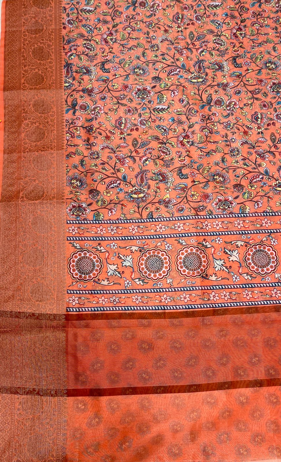 Faishana Presents Peach Warm Silk Floral Digital Print Tilfi Jaal Copper Zari Border Banarasi Saree with Floral Print Booti Peach Blouse