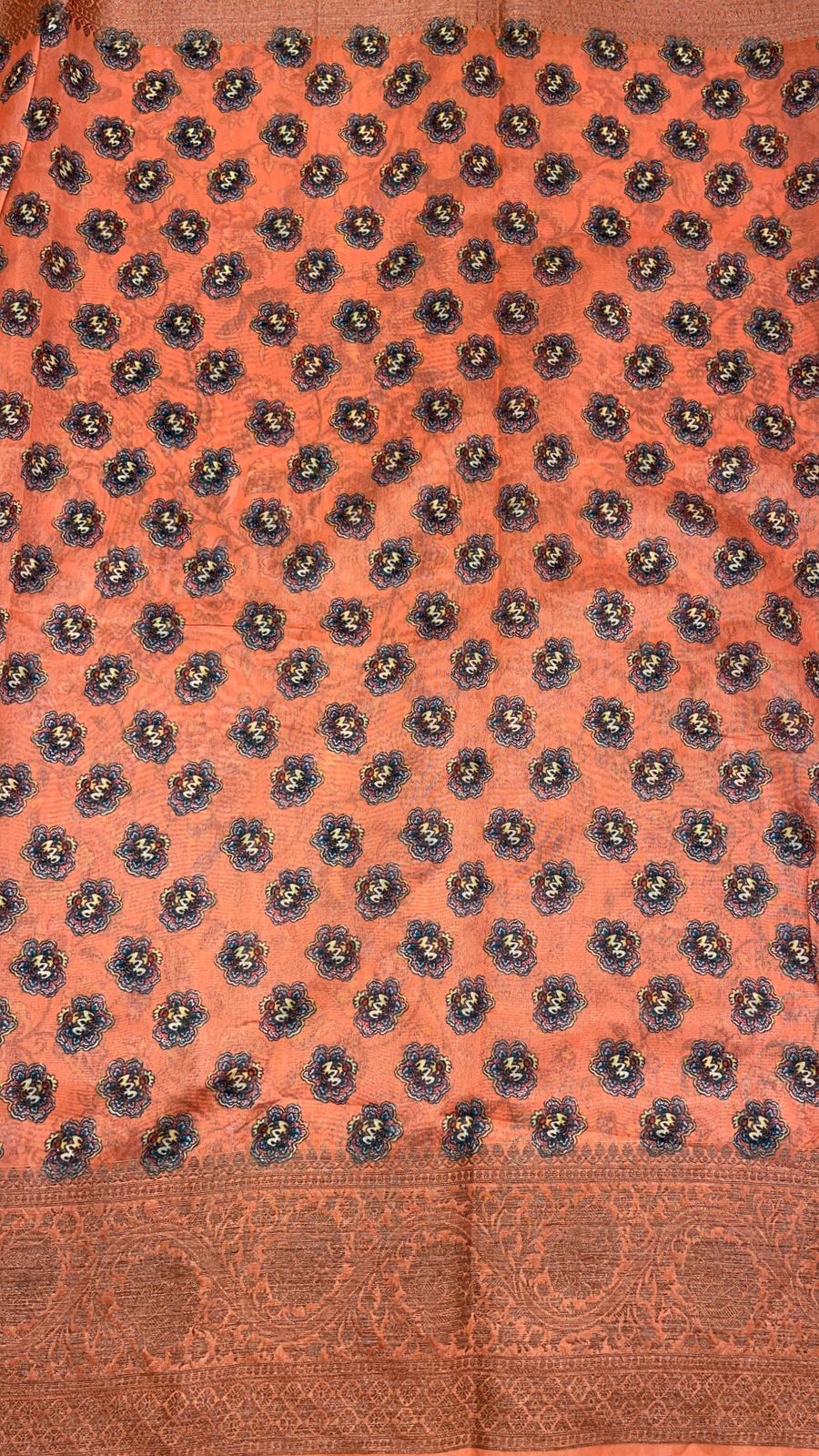 Faishana Presents Peach Warm Silk Floral Digital Print Tilfi Jaal Copper Zari Border Banarasi Saree with Floral Print Booti Peach Blouse