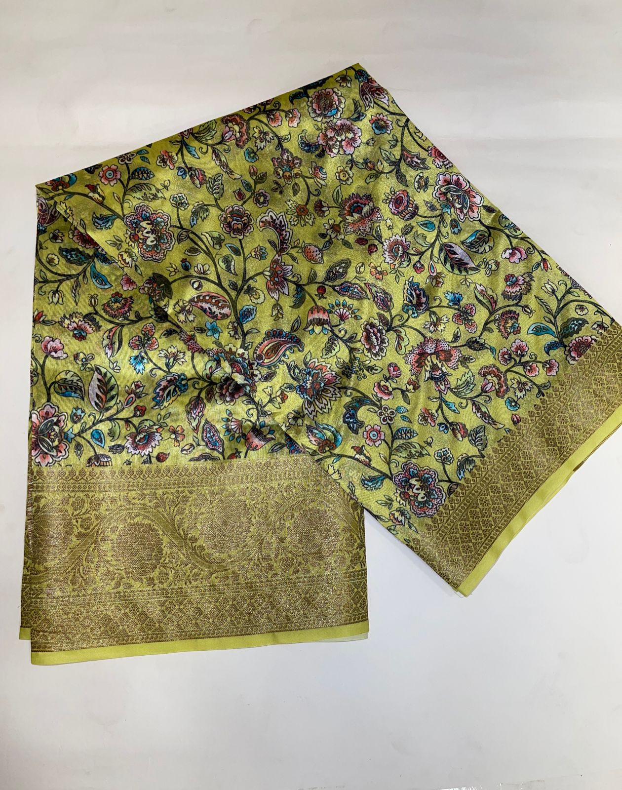 Faishana Presents Yellow Warm Silk Floral Digital Print Tilfi Jaal Copper Zari Border Banarasi Saree with Floral Print Booti Yellow Blouse
