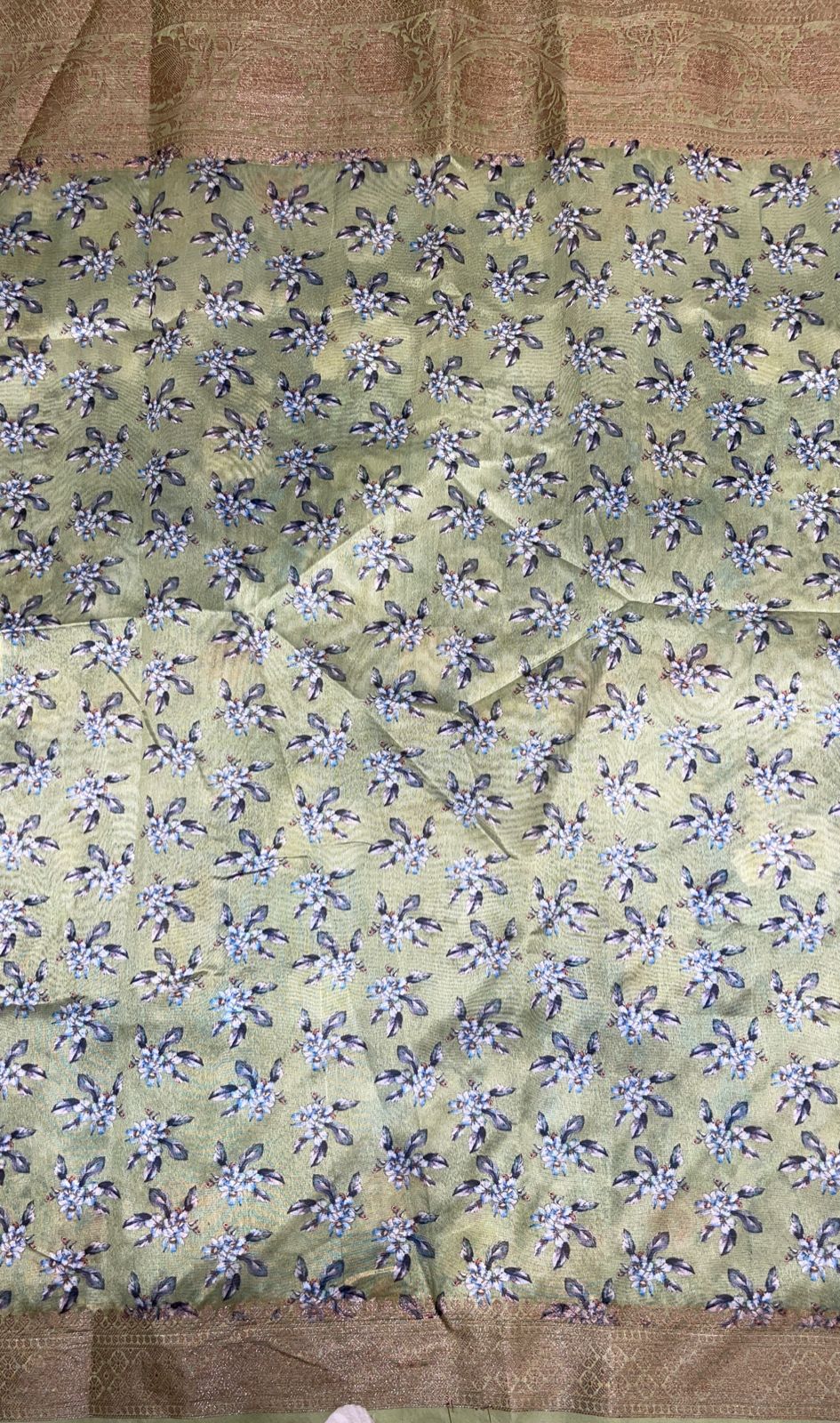 Faishana Presents Grey Warm Silk Digital Print Floral Jaal Copper Zari Skirt Border Banarasi Saree with Light Green Floral Print Booti Blouse