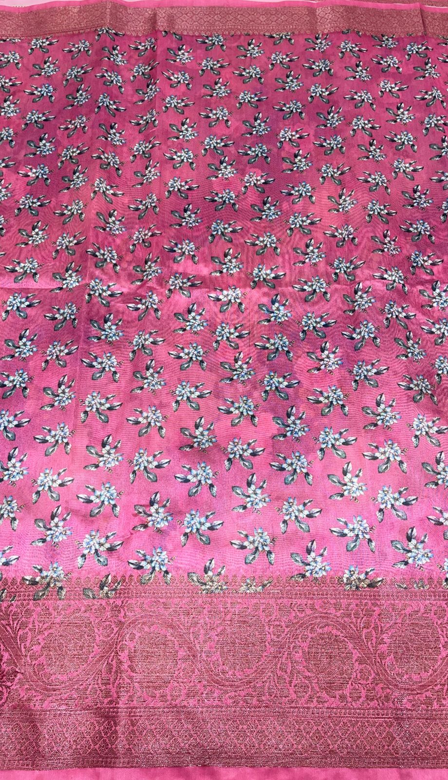 Faishana Presents Grey Warm Silk Digital Print Floral Jaal Copper Zari Skirt Border Banarasi Saree with Pink Floral Print Booti Blouse