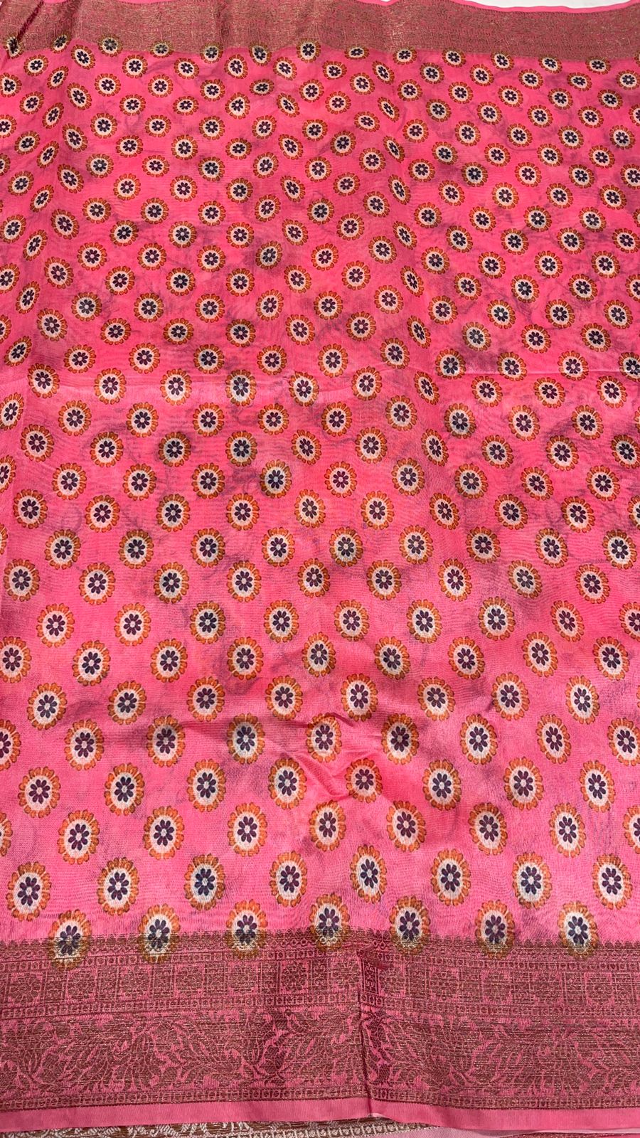 Faishana Presents Pink Warm Silk Floral Digital Print Copper Zari Border Banarasi Saree with Floral Print Booti Pink Blouse