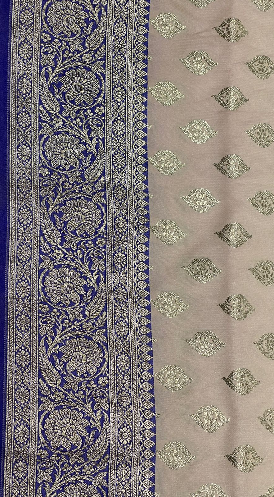 Faishana Presents Off-White Katan Silk Floral Light Gold Zari Booti with Contrast Blue Floral Pallu Banarasi saree and Blue Blouse