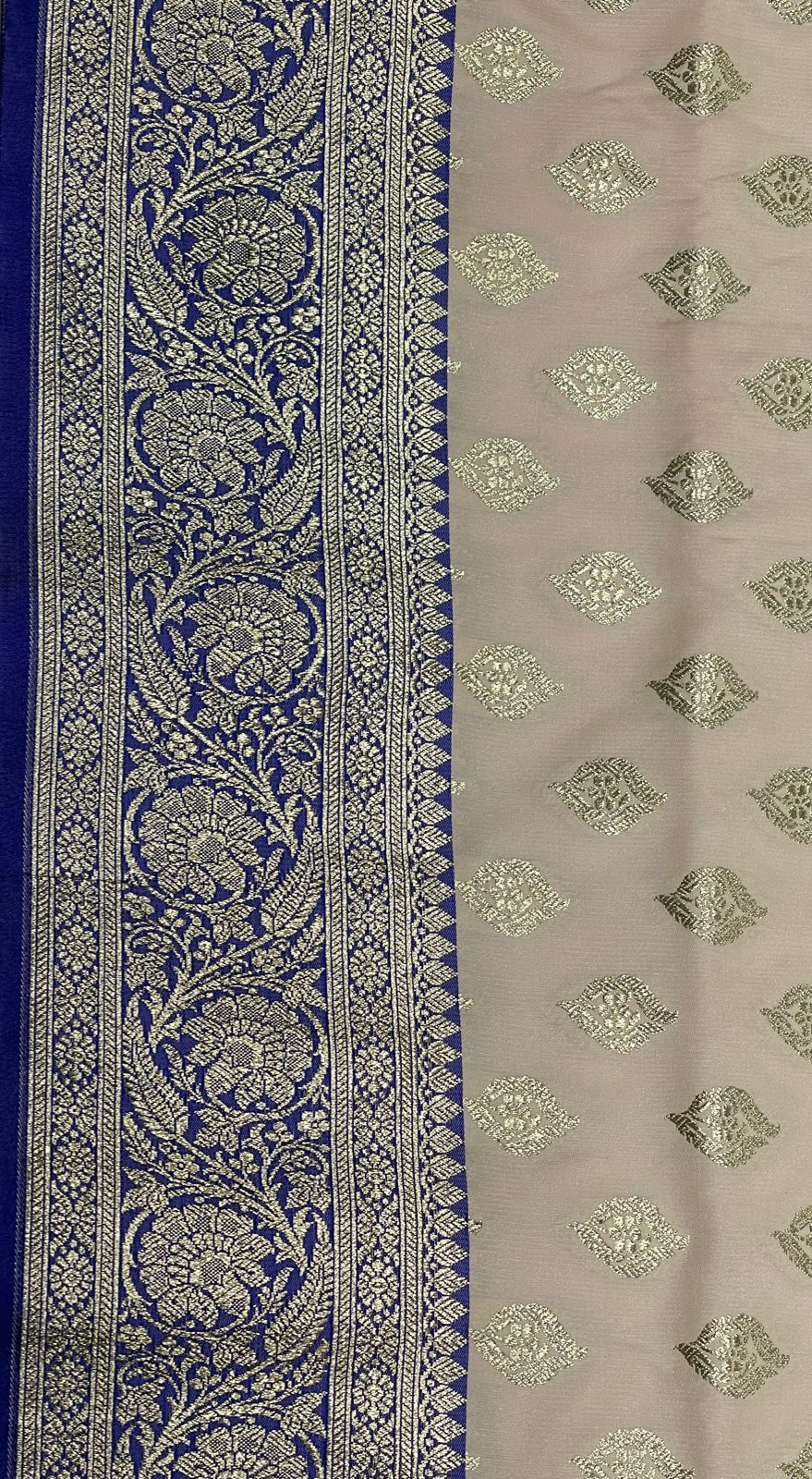 Faishana Presents Off-White Katan Silk Floral Light Gold Zari Booti with Contrast Blue Floral Pallu Banarasi saree and Blue Blouse