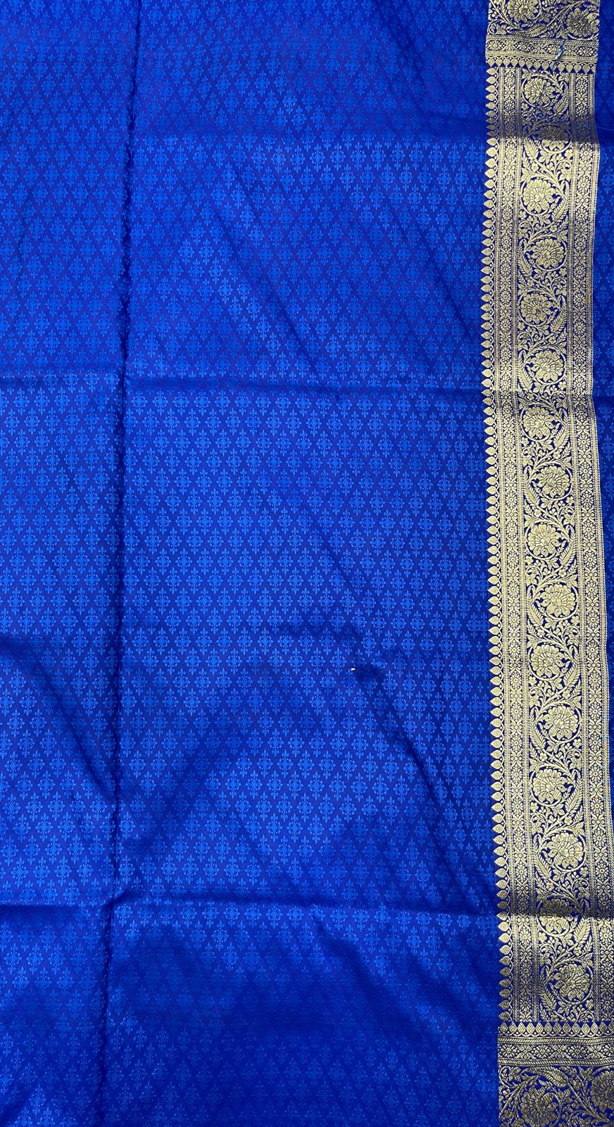 Faishana Presents Off-White Katan Silk Floral Light Gold Zari Booti with Contrast Blue Floral Pallu Banarasi saree and Blue Blouse