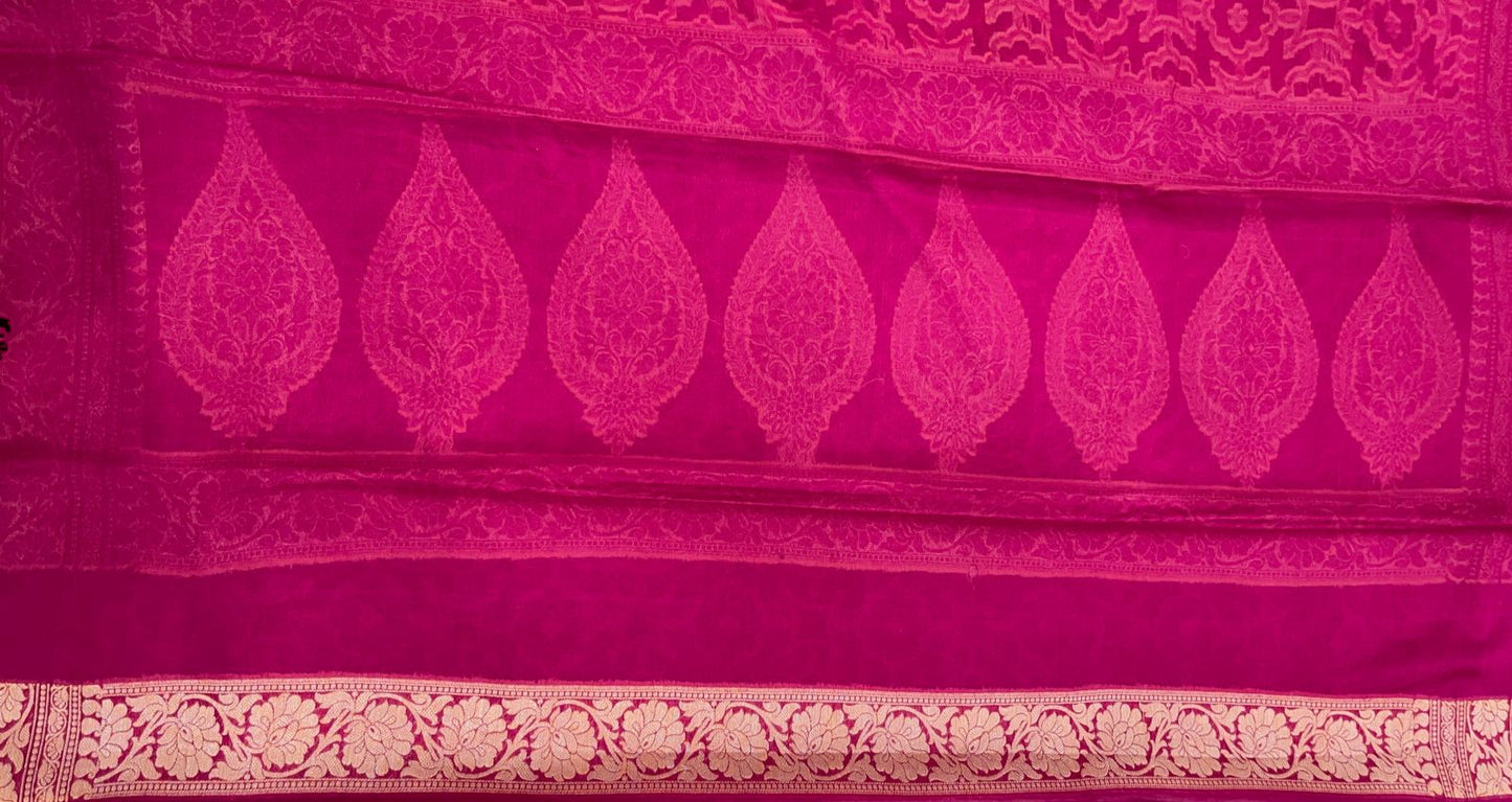 Faishana Pure Handloom Maroon Chiffon Bandhej Zari Jaal with Contrast Violet Zari Border and Magenta Blouse