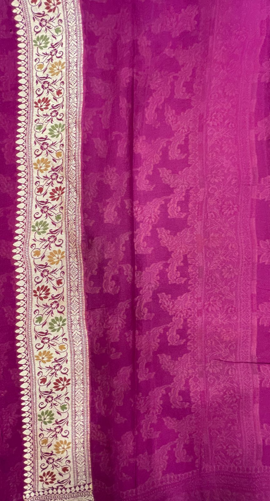 Faishana Pure Handloom Purple Chiffon Alfi Mina Zari Jaal Minakari Zari Border and Floral Big Boota Mina Pallu Saree with Purple Blouse