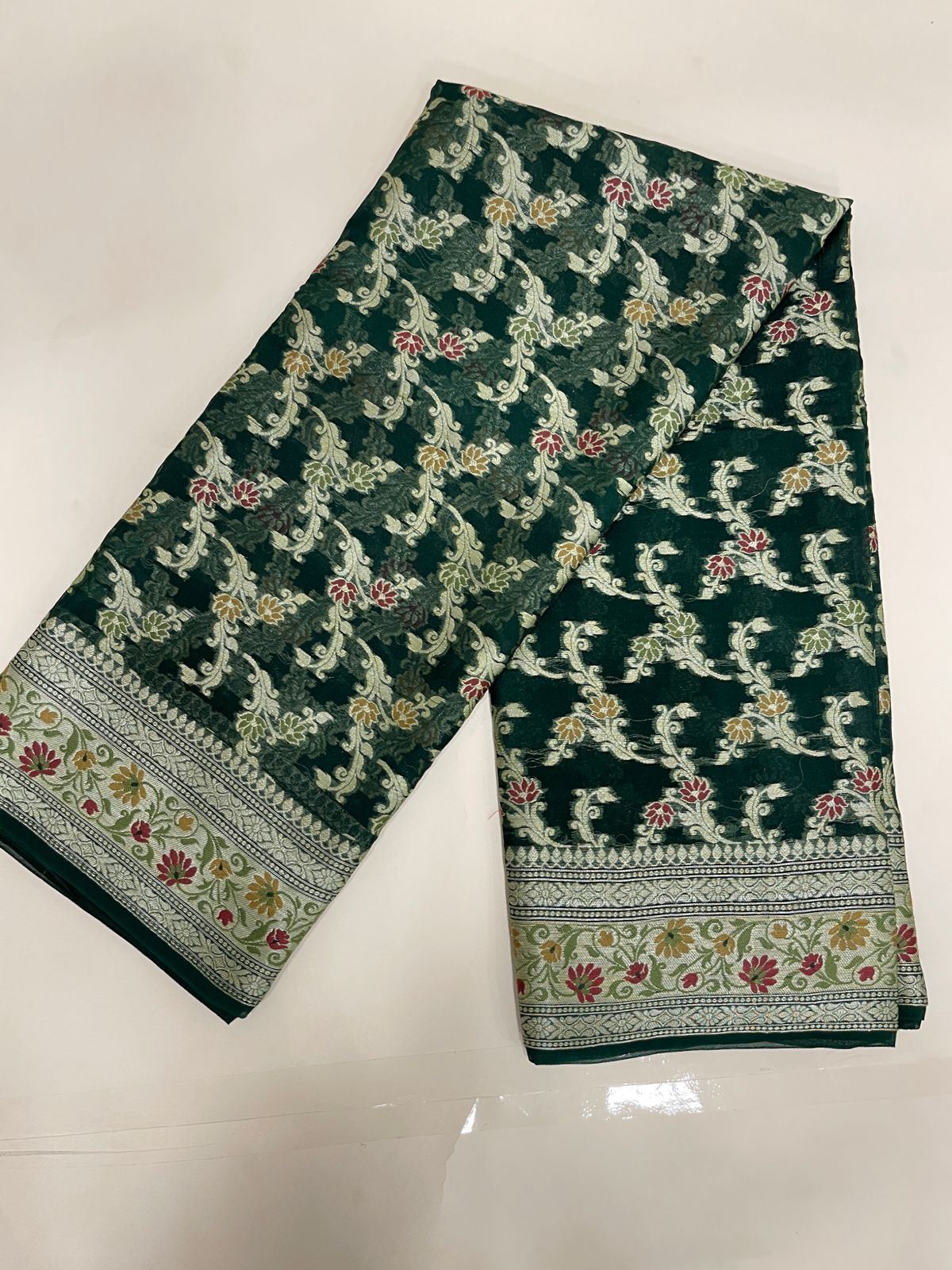 Faishana Pure Handloom Dark Green Chiffon Alfi Mina Zari Jaal Minakari Zari Border and Floral Big Boota Mina Pallu Saree with Dark Green Blouse