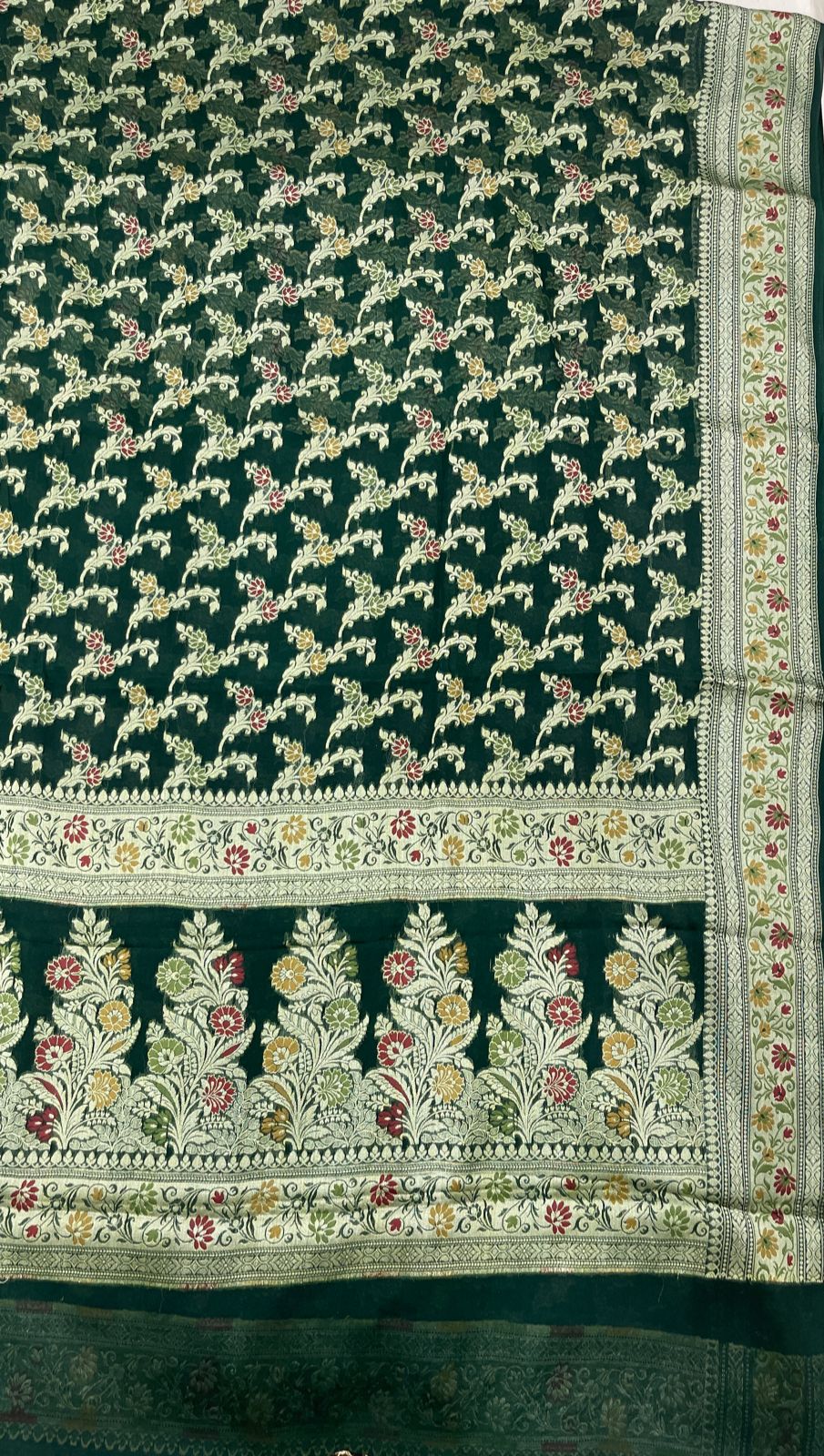 Faishana Pure Handloom Dark Green Chiffon Alfi Mina Zari Jaal Minakari Zari Border and Floral Big Boota Mina Pallu Saree with Dark Green Blouse