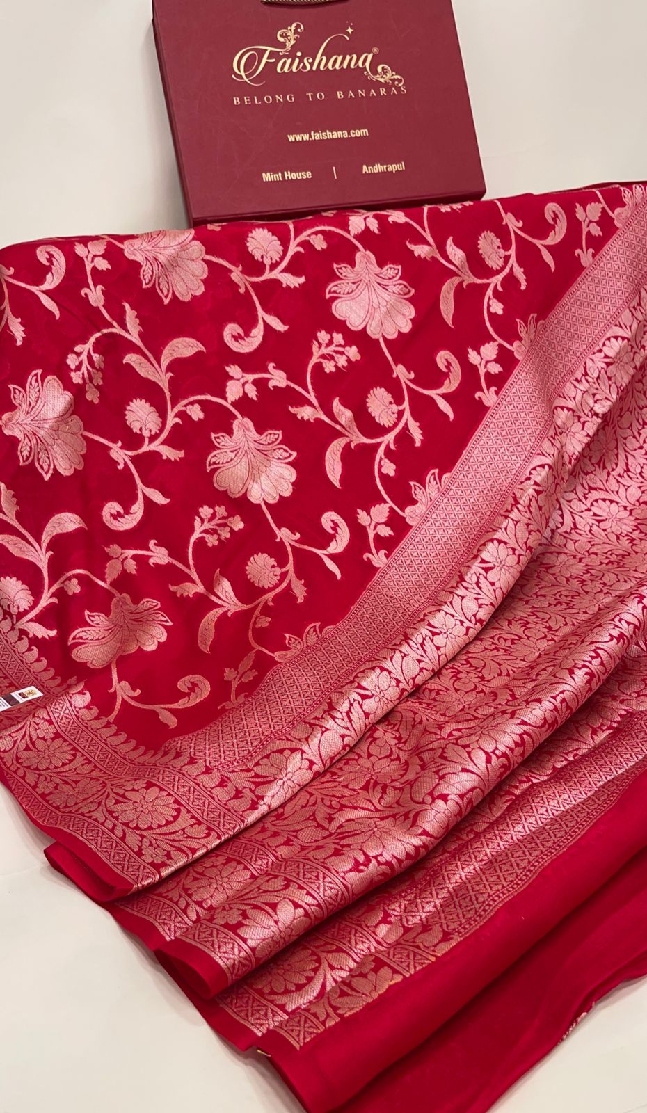 Faishana Pure Handloom Red Chiffon Floral Golden Zari Boota Jaal with Banarasi Zari Border and Red Blouse