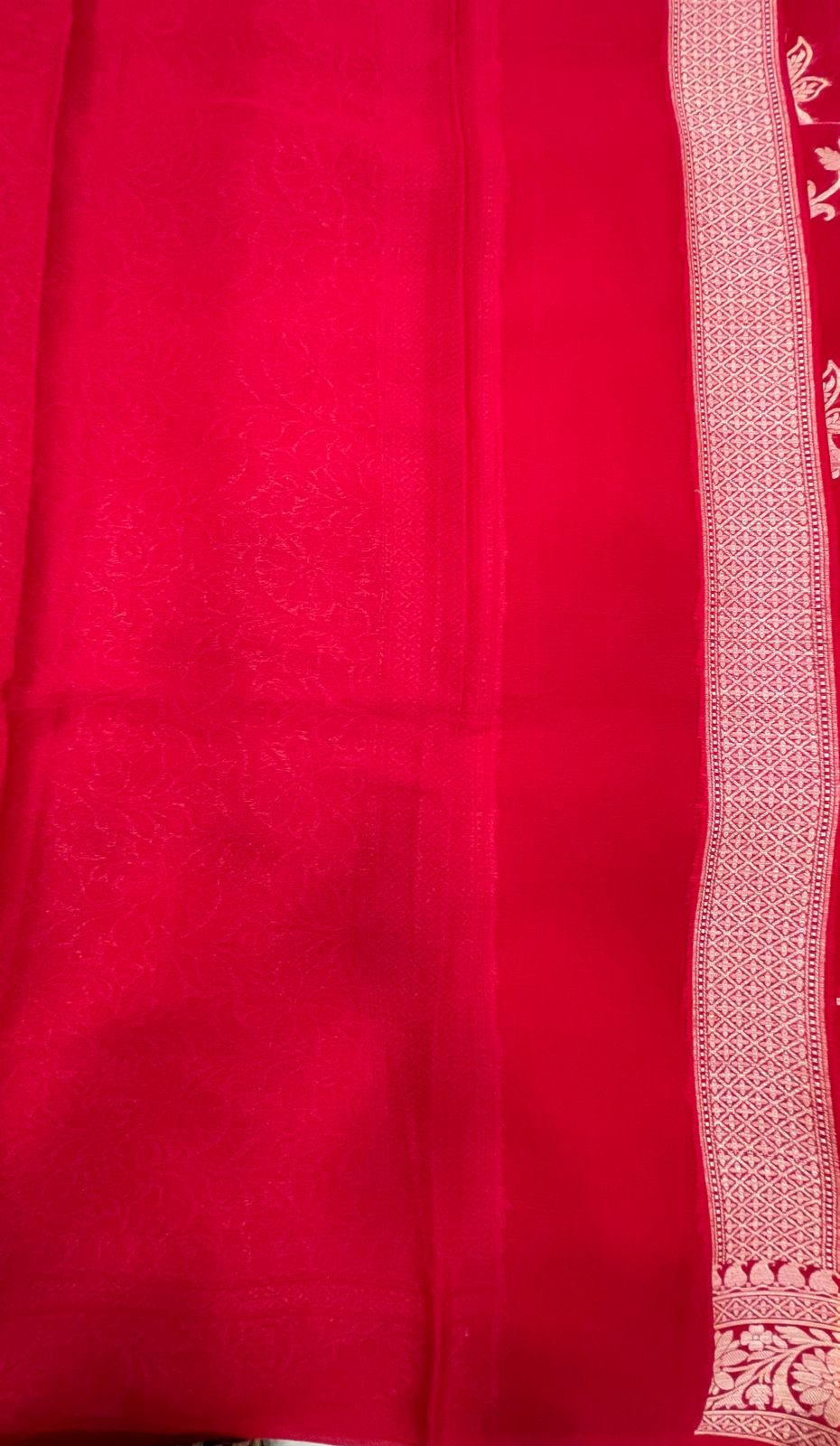 Faishana Pure Handloom Red Chiffon Floral Golden Zari Boota Jaal with Banarasi Zari Border and Red Blouse