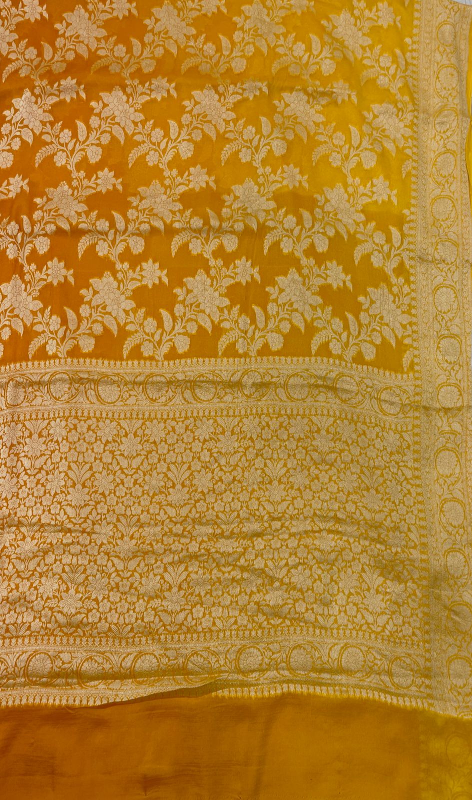 Faishana Pure Handloom Gold Contrast Chiffon Alfi Gold Zari Jaal and Banarasi Zari Border Saree with Gold Blouse