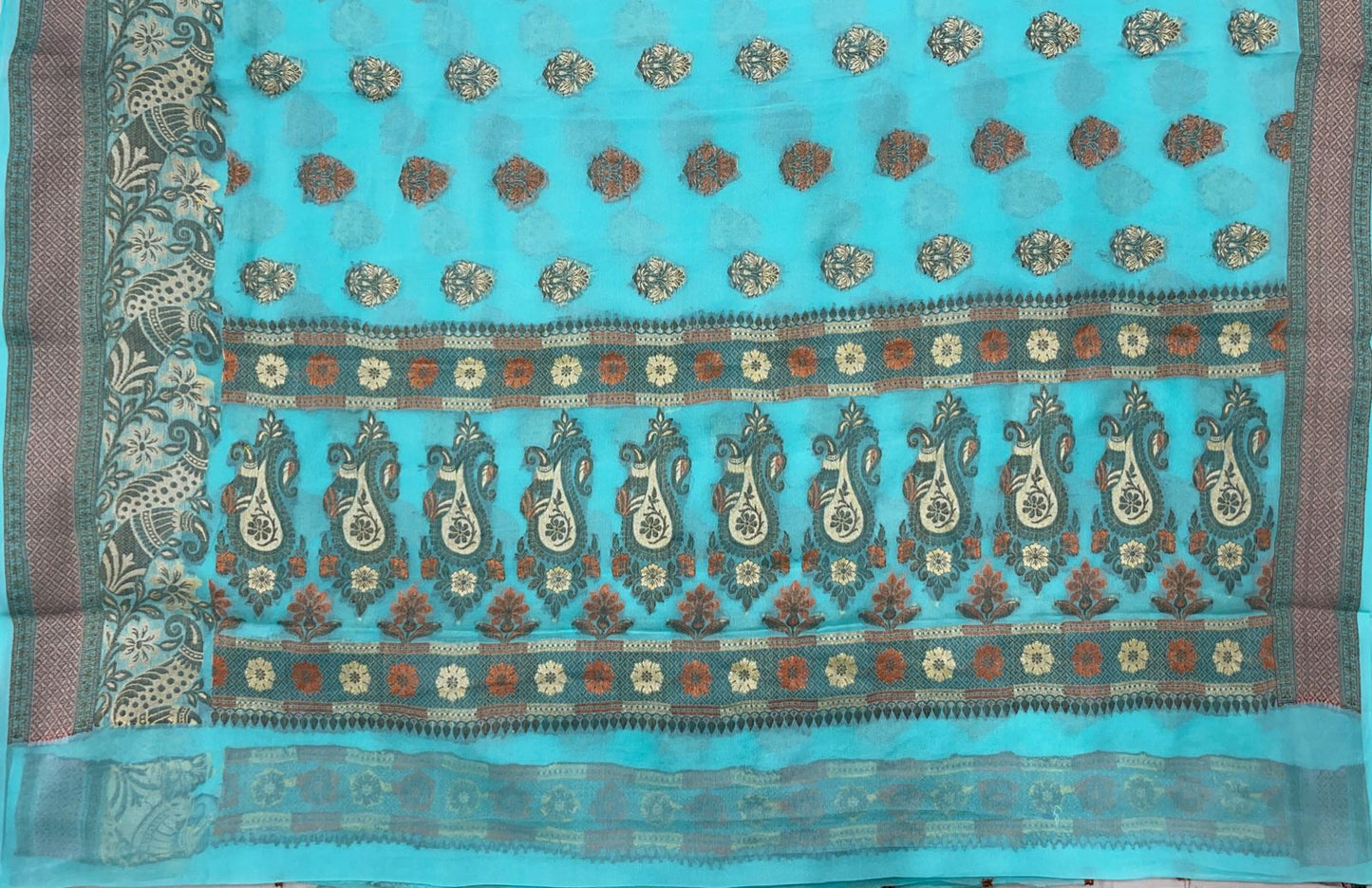 Faishana Pure Handloom SeaGreen Chiffon Floral Zari Mina Booti Skirt Floral Mina Zari Border and Big Boota Pallu with Sea Green Blouse