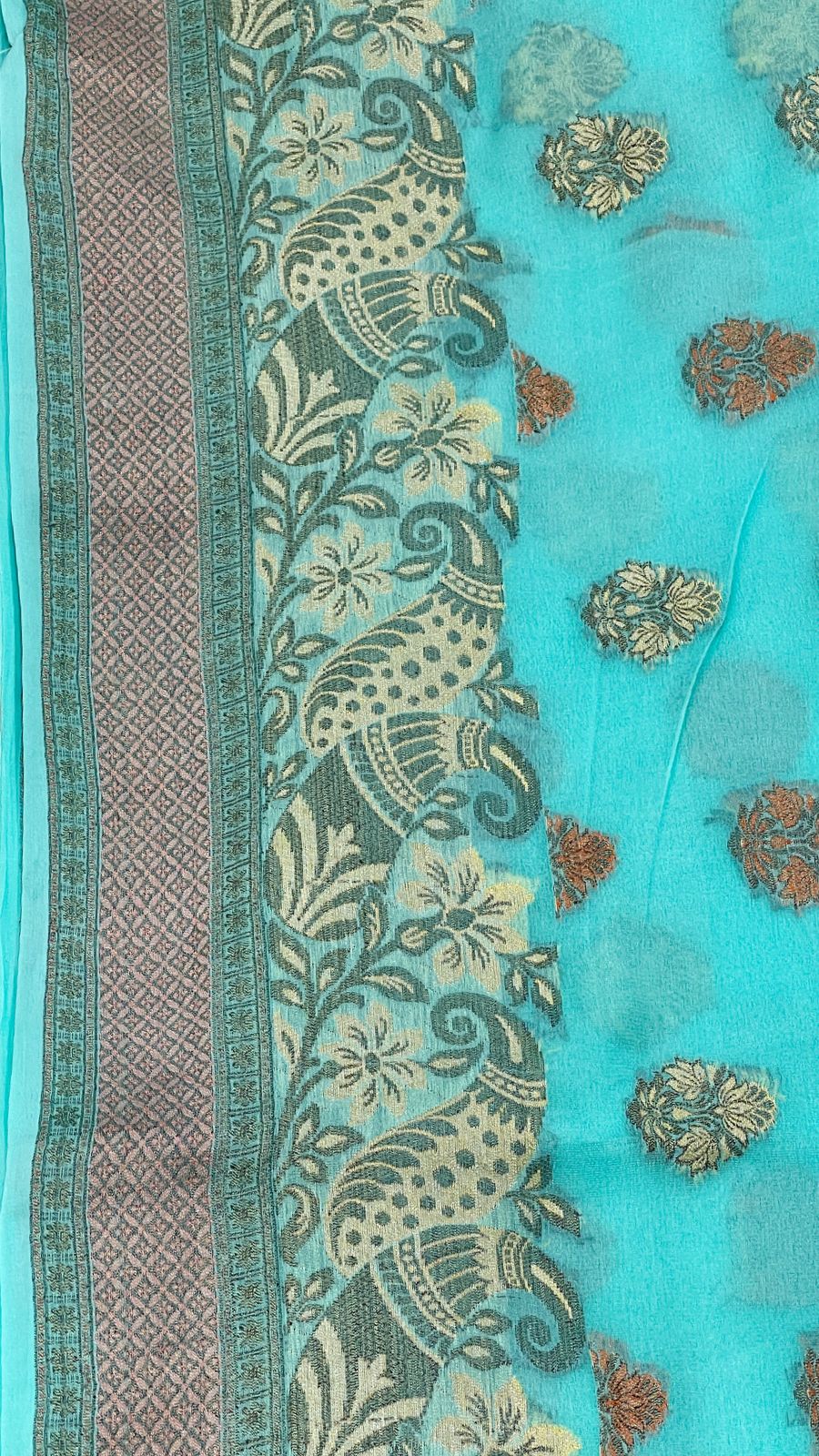 Faishana Pure Handloom SeaGreen Chiffon Floral Zari Mina Booti Skirt Floral Mina Zari Border and Big Boota Pallu with Sea Green Blouse