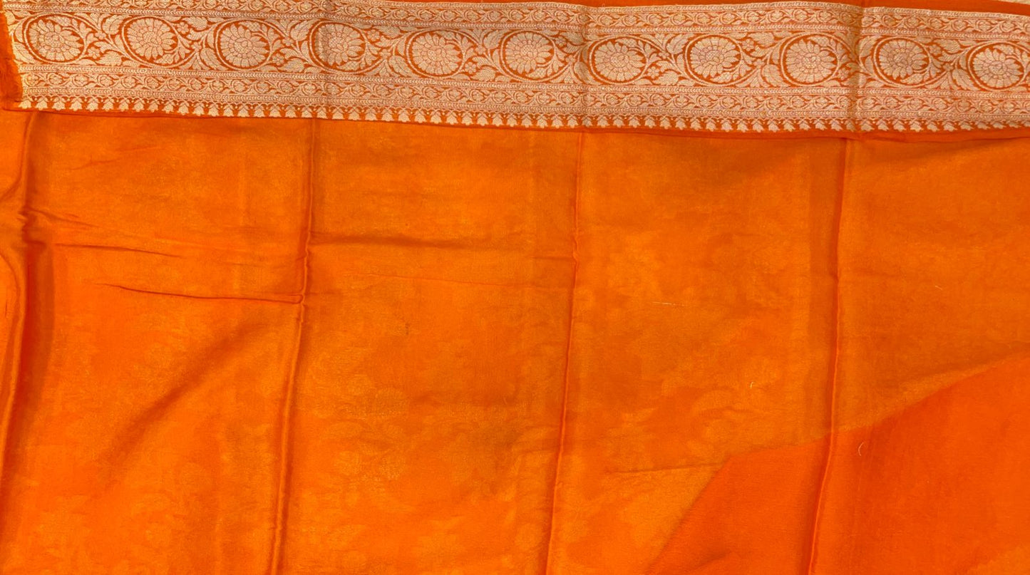 Faishana Pure Handloom Orange Contrast Chiffon Alfi Gold Zari Jaal and Banarasi Zari Border Saree with Orange Blouse