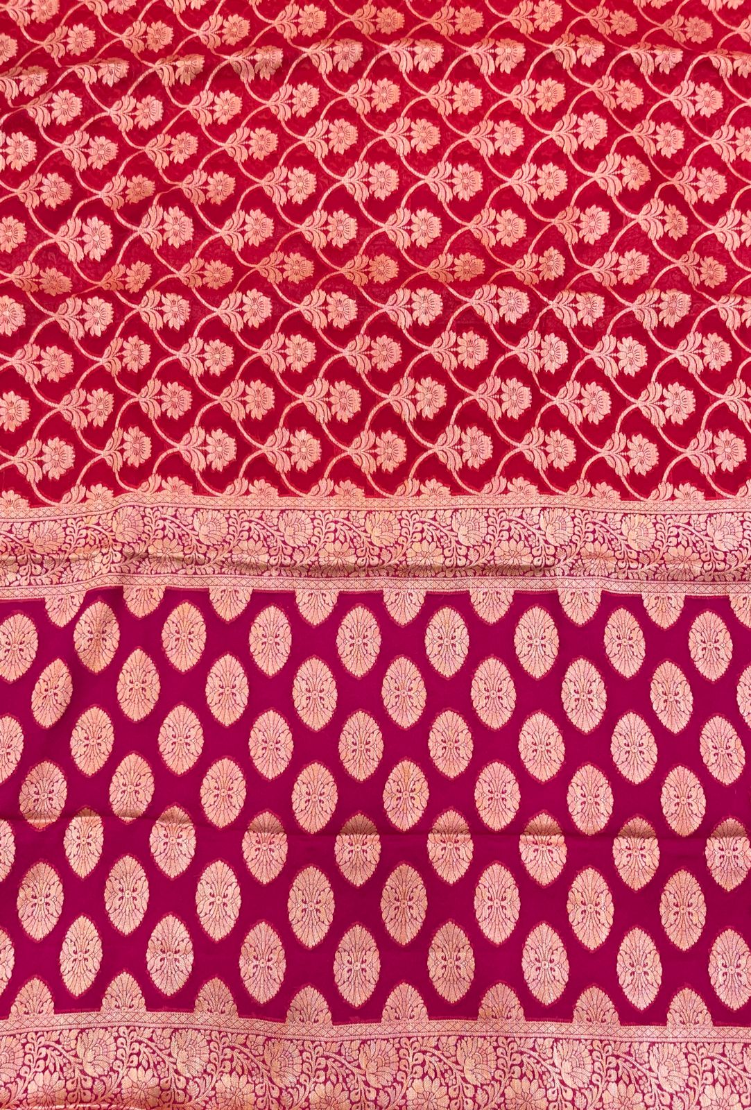 Faishana Pure Handloom Dark Pink Chiffon Golden Zari Floral Booti Jaal with Contrast Magenta Zari Booti Anchal and Zari Border with Magenta Blouse