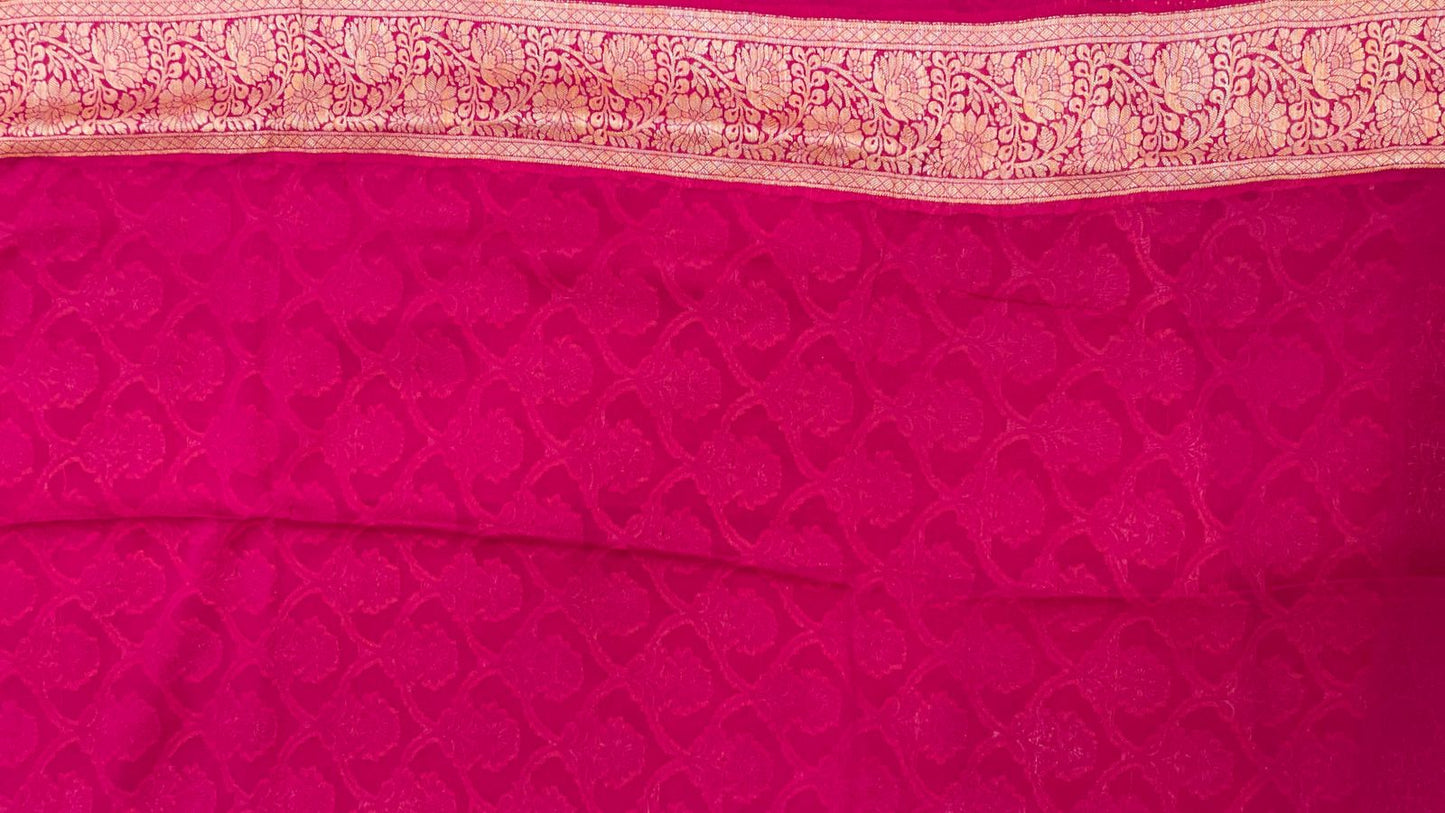 Faishana Pure Handloom Dark Pink Chiffon Golden Zari Floral Booti Jaal with Contrast Magenta Zari Booti Anchal and Zari Border with Magenta Blouse
